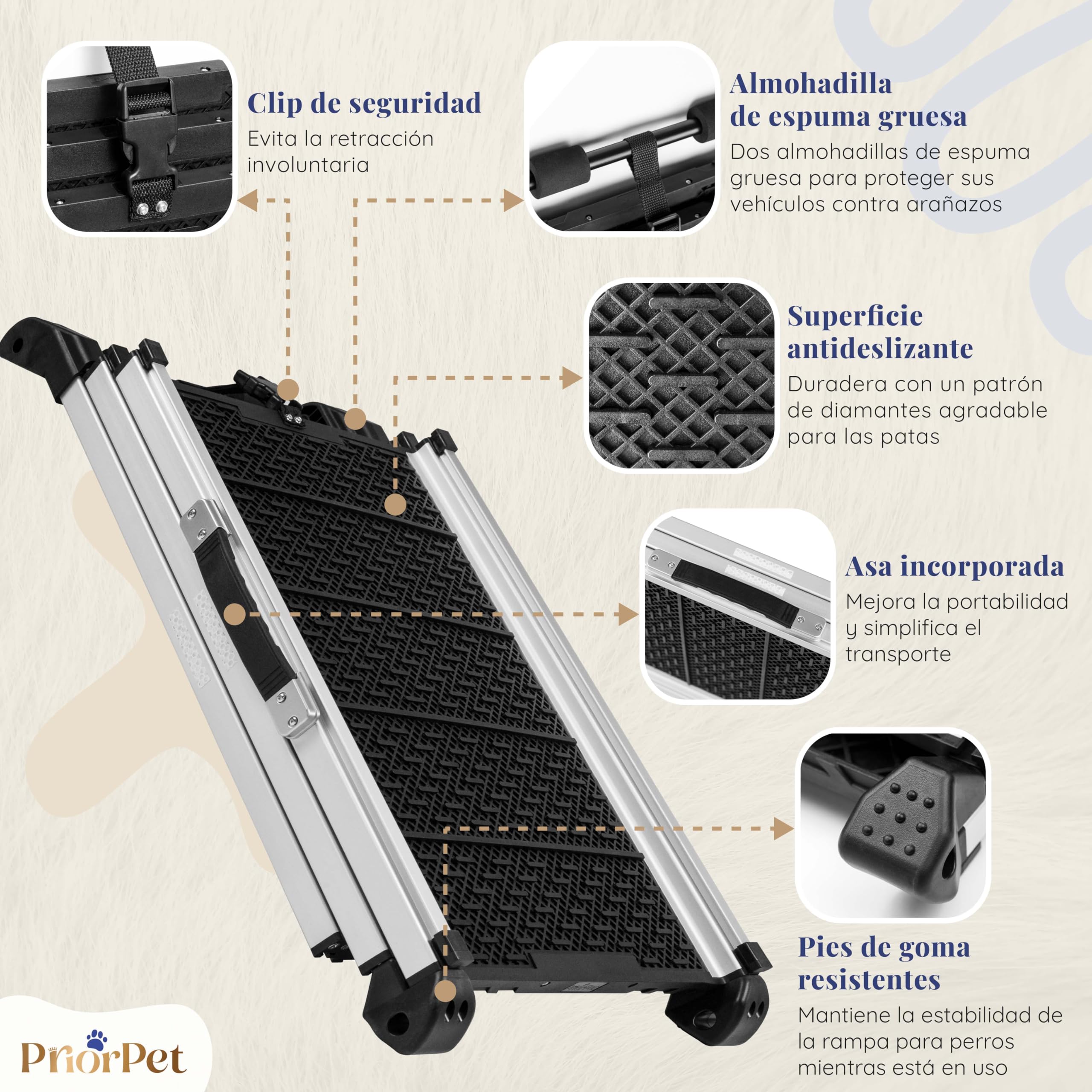 Rampa para Perros para Coche, Todoterreno - Rampas telescópicas Extensibles para Perros Grandes- Estable - Antideslizante- 90 kg de Capacidad - Escalera Ligera para Perros - Clip de fijación - Negro