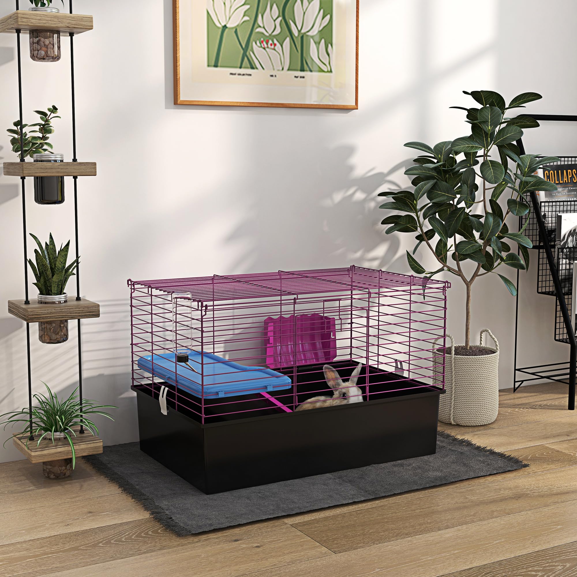 PawHut Meerschweinchenkäfig für Chinchillas Kaninchen mit Rampe 71x46x47cm schwarz | Kleintierkäfig, Schale, Wasserflasche