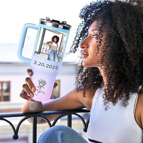 Miniatura 6 de Vaso personalizado de 40 onzas con asa y pajita, vaso personalizado con imagen, logotipo, texto, taza de café de viaje de acero inoxidable, regalos