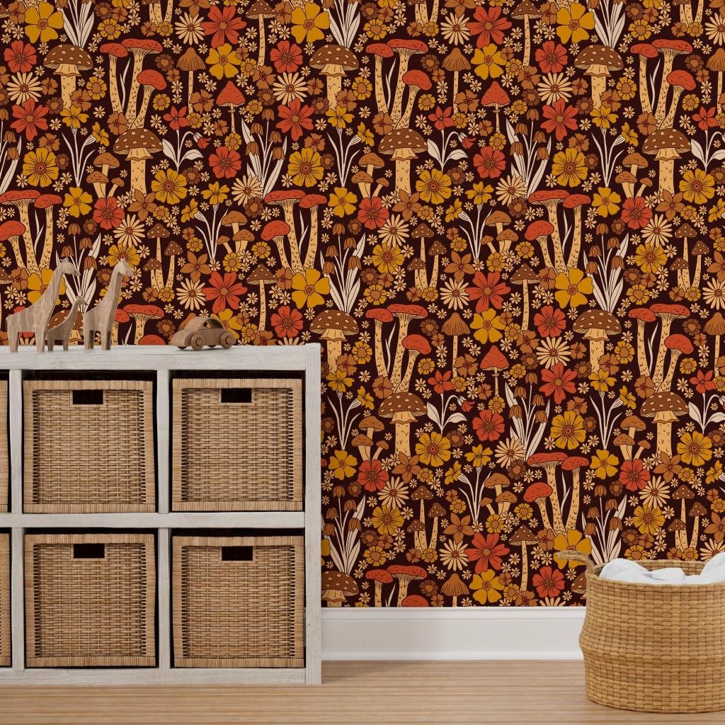 Peel & Stick Wallpaper 6ft x 2ft - Vintage Style Flower,Floral Retro,1970s Hippie,70s Mushroom,Brown Orange Custom Removable Wallpaper by Spoonflower