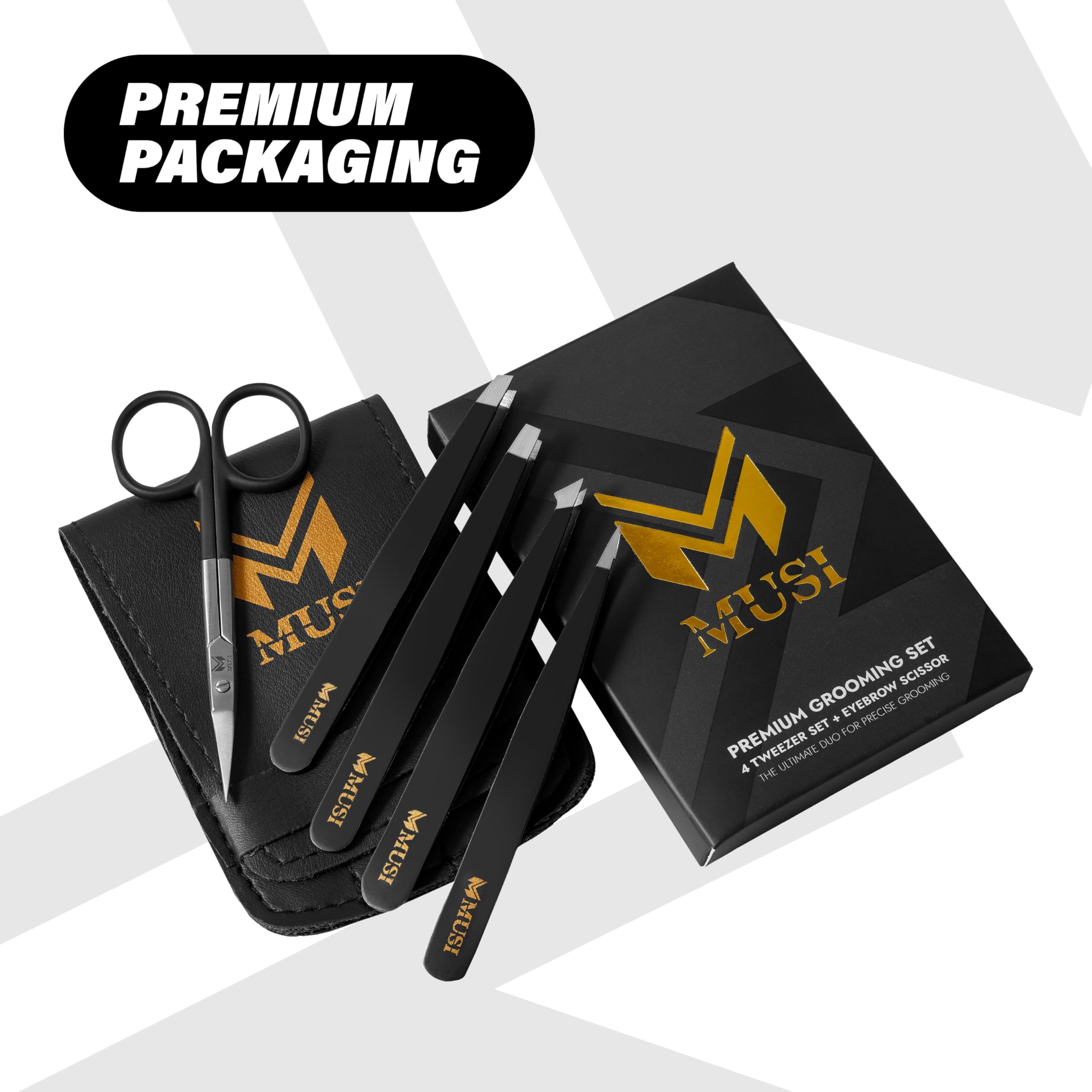 Augenbrauenpinzette Set mit Nagelhautschere, 4+1 Pinzette aus Edelstahl für Frauen und Männer, scharfe Pinzette zum Formen der Augenbrauen, Präzisionspflegewerkzeug für