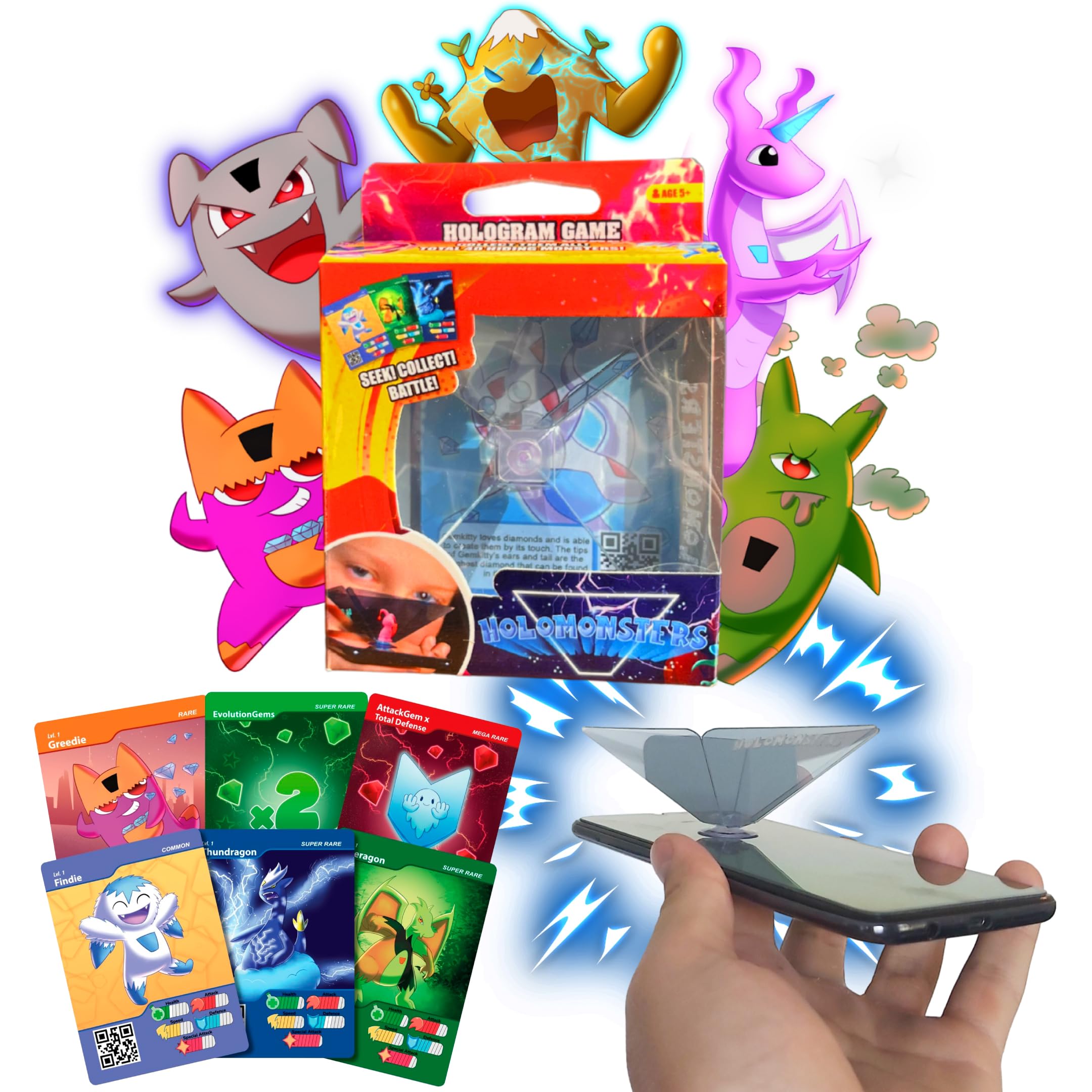 Holomonsters 3D Hologram Game, Interactive Virtual Monster Collectible Game with Hologram Projector Pyramid, Trading Cards, Mobile Phone App, AR/ER Toy for Kids Age 6,7,8,9,10,11,12 Years