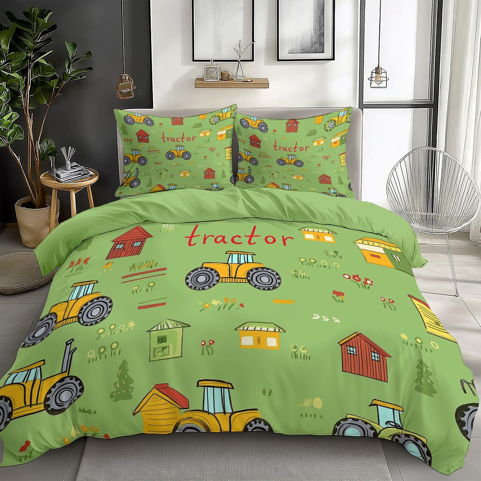 Bettwäsche 155 x 220 cm für Jugendliche Kinder Weich Gemütlich Bettbezug Karikatur Traktor Und Bauernhof Muster Grau Wendebettwäsche Einzelbett mit 2 Kissenbezug 80x80