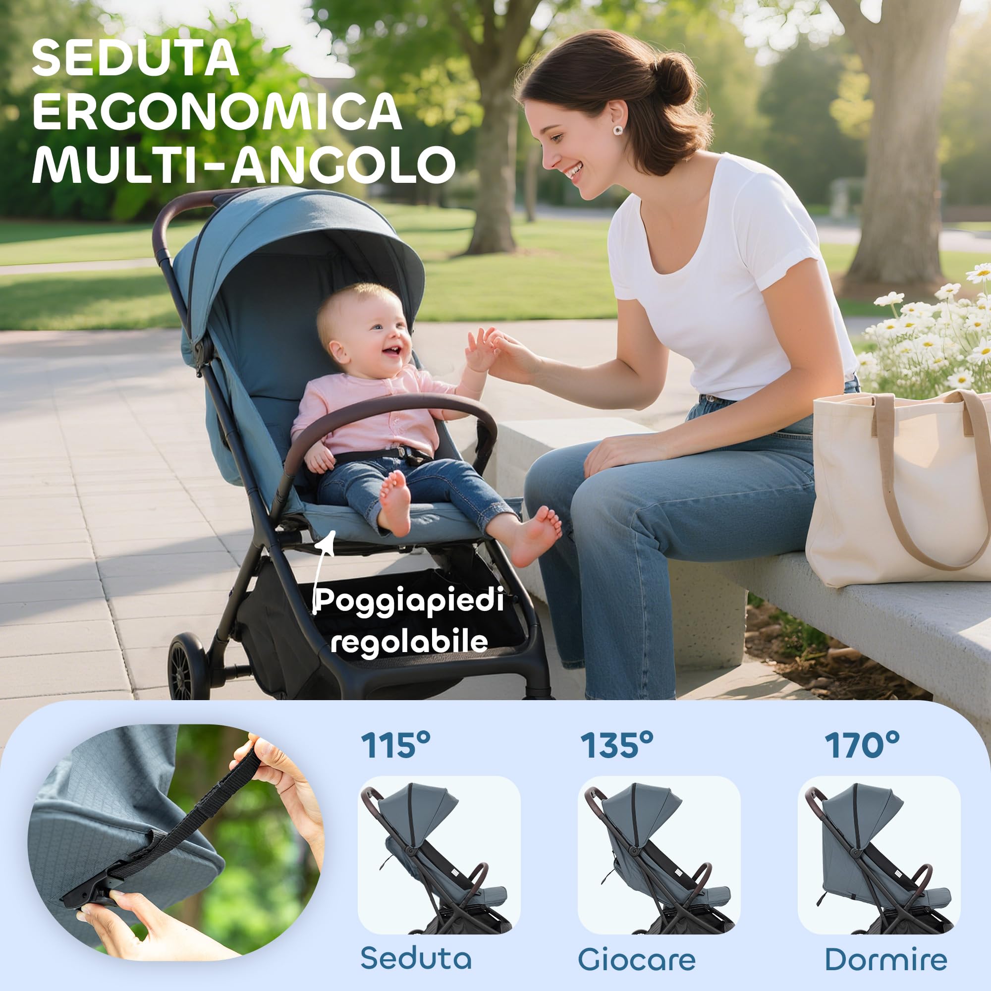 AIYAPLAY Passeggino Leggero 6.3kg per Bambini 0-3 Anni Pieghevole una Mano, Passeggino Compatto Reclinabile con Poggiapiedi Regolabile e Cappottina, Ruote e Cesto Portaoggetti, Fino a 15 kg, Blu