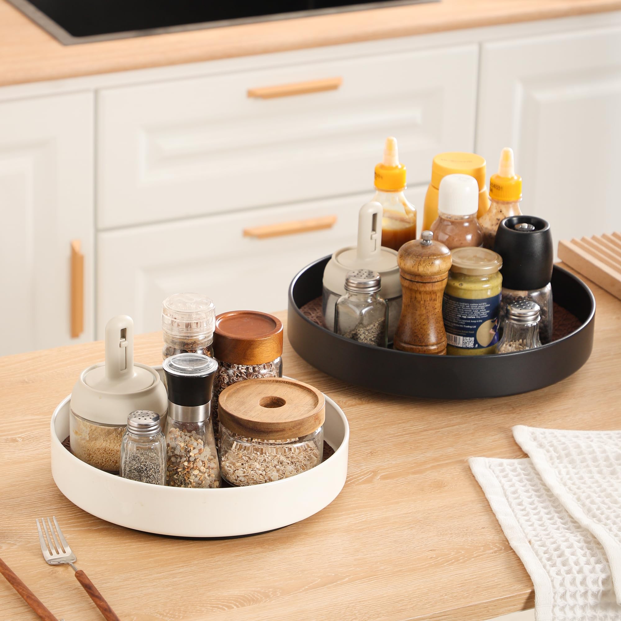 Plateau tournant Lazy Susan antidérapant, pivotant à 360 degrés, noir avec surface texturée (noir, 25,4 cm + 30,5 cm)