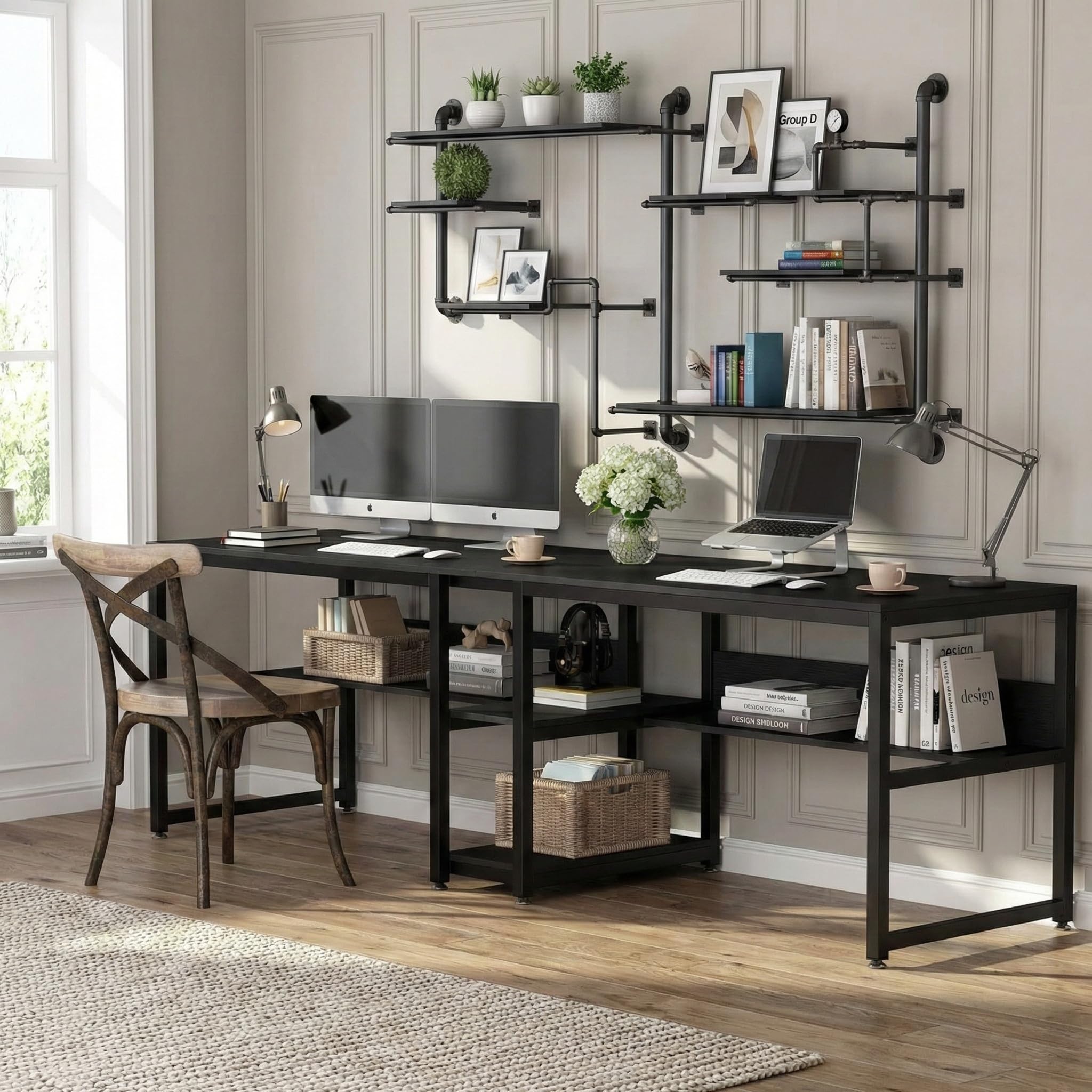 Lailang Tavolo da computer da 79 pollici, doppia scrivania lunga, tavolo da lavoro rustico, tavolo da ufficio con spazio di archiviazione, scrivania per computer, scrivania grande, 79 x 24 x 30