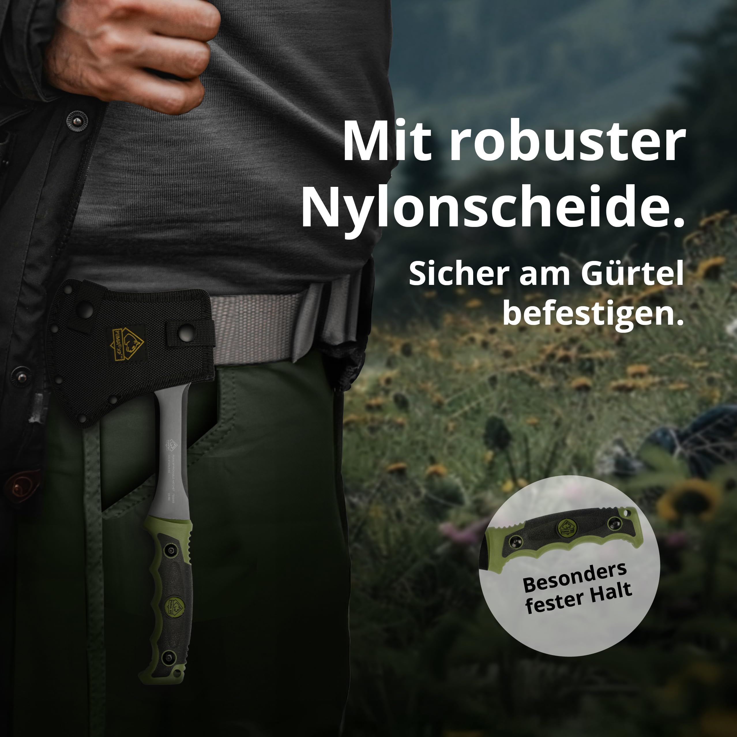PUMA XP - Packable Hatchet – Kompaktes Outdoor-Beil Olivgrün mit 90 mm Schneide & 305 mm Gesamtlänge – 5 mm Starke Klinge aus 440 Stahl (55-57 HRC) – Rutschfester Gummigriff – inkl. Nylon-Scheide