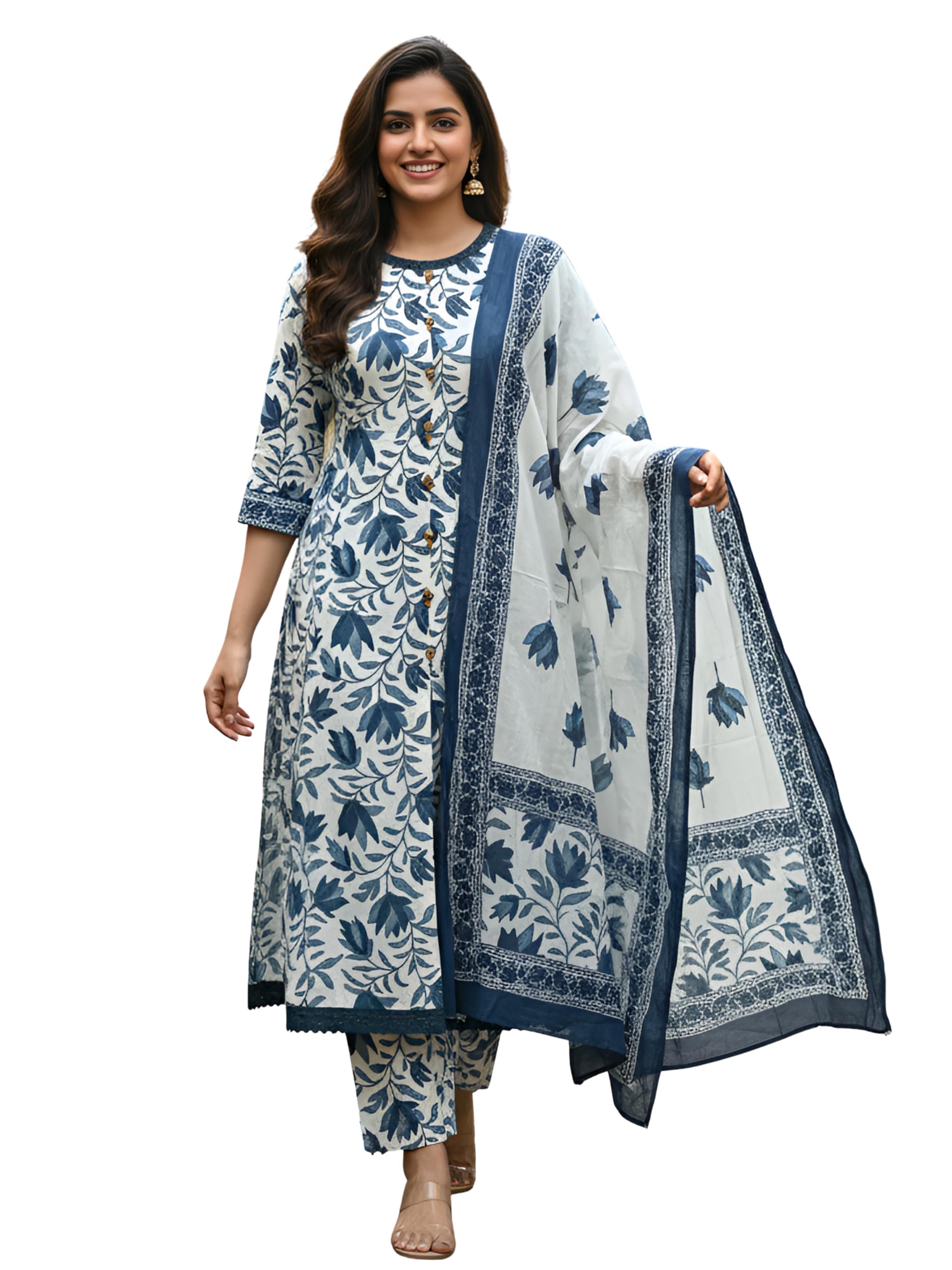 yash gallery Women’s Indigo Floral Print Plus Size 3-Piece Kurta Set with Pant & Dupatta | Calf-Length Kurta, Round Neck with V-Slit & Contrast Border | Daily/Office Ethnic Wear-picture-48