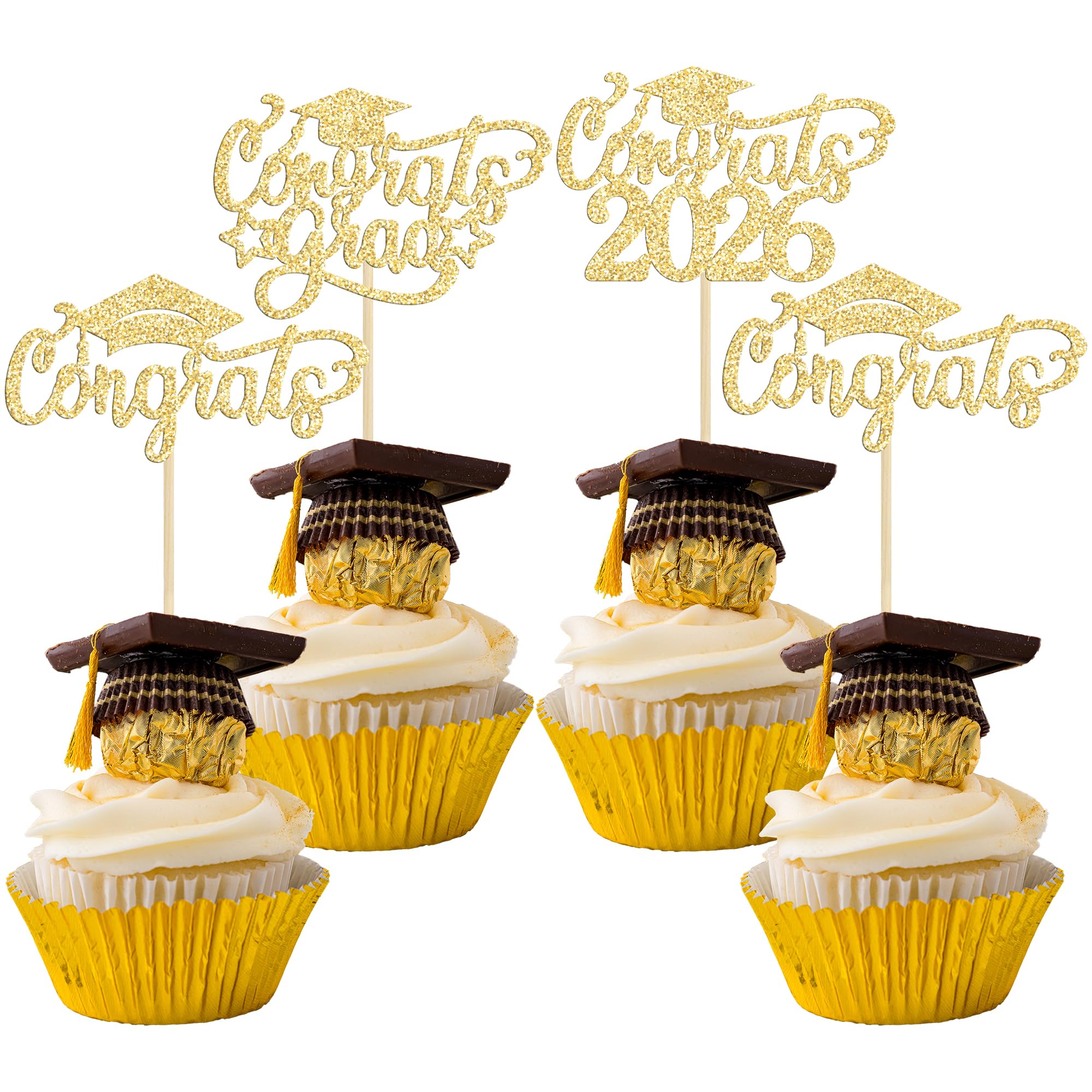 Gyufise 24Pcs 2026 Graduation Cupcake Toppers with Glitter Class of 2026 Cake Topper Diploma Grad Cap Class of 2026 Cupcake Picks Decorations for 2026 Graduation Theme Party Supplies Gold
