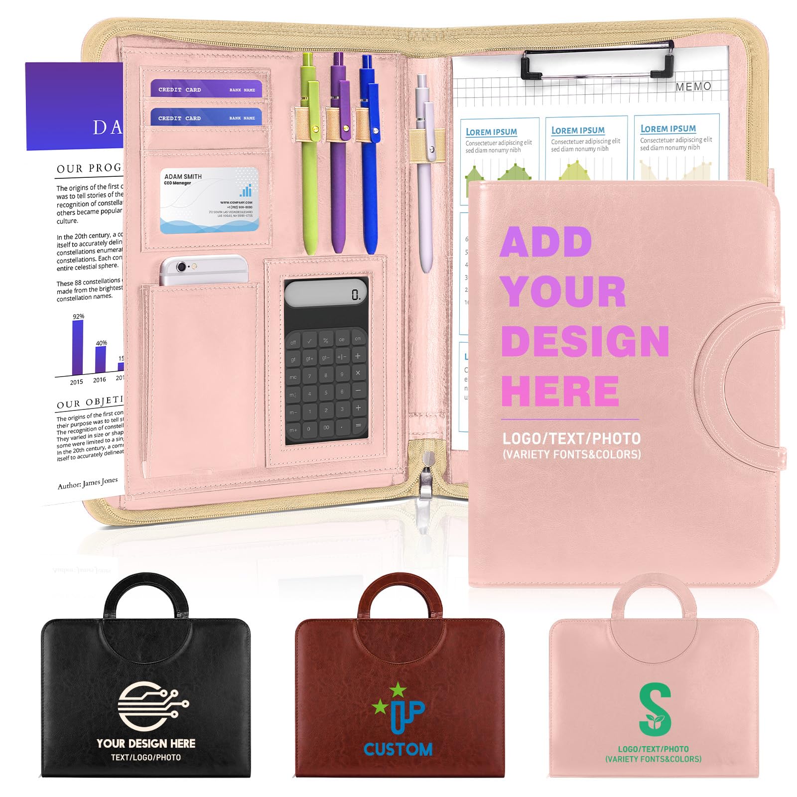 ENOMY Professional A4 Zipped Portfolio with Carry Handle Waterproof PU Leather Conference Folder Secure Document Holder Custom Personalised Business File Organiser Gift Pink