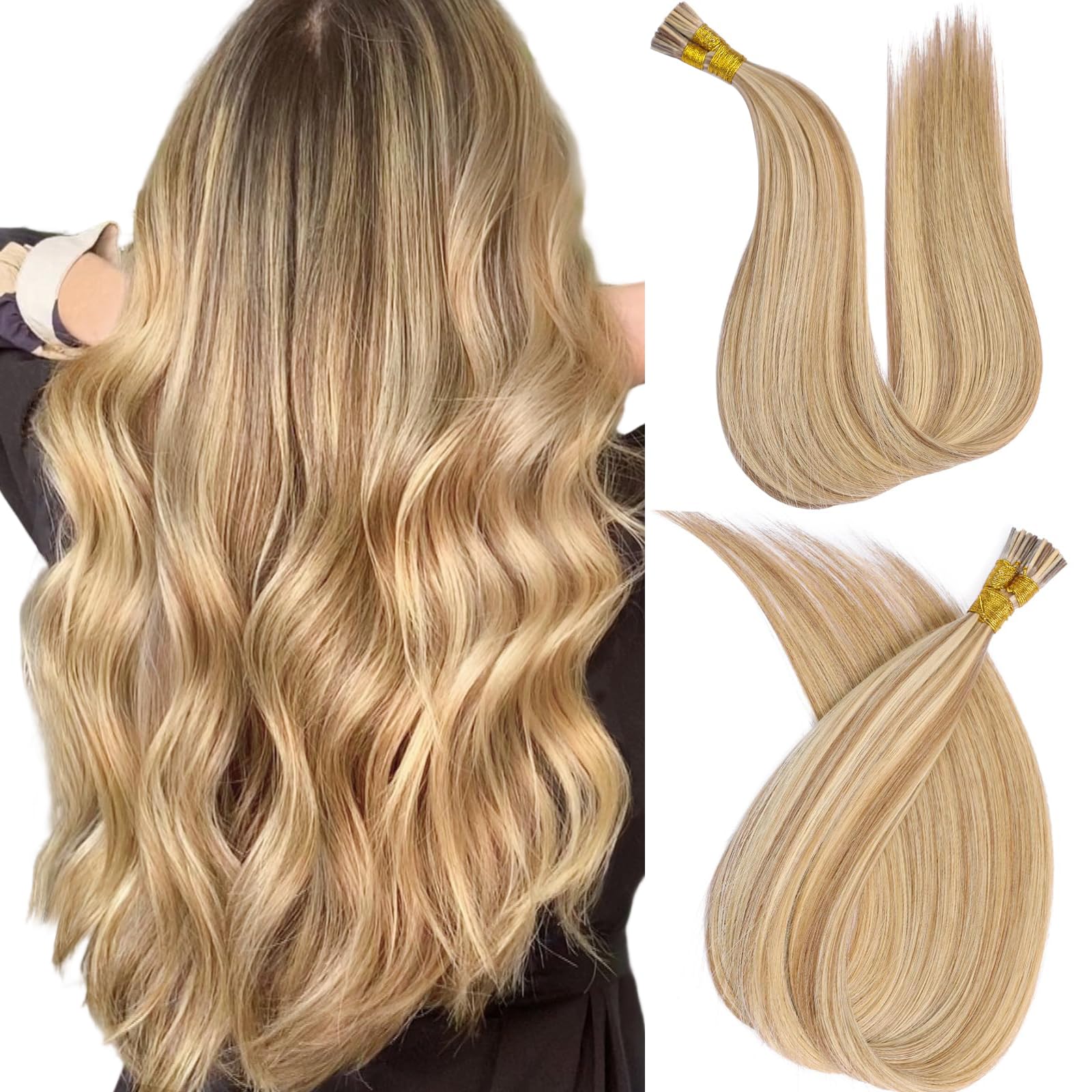 MioYio I Tip Hair Extensions Human Hair 30G/Pack Human Hair Itip Human Hair Extensions Dark Blonde to Highlighted Blonde Pre Bonded Extensions Long