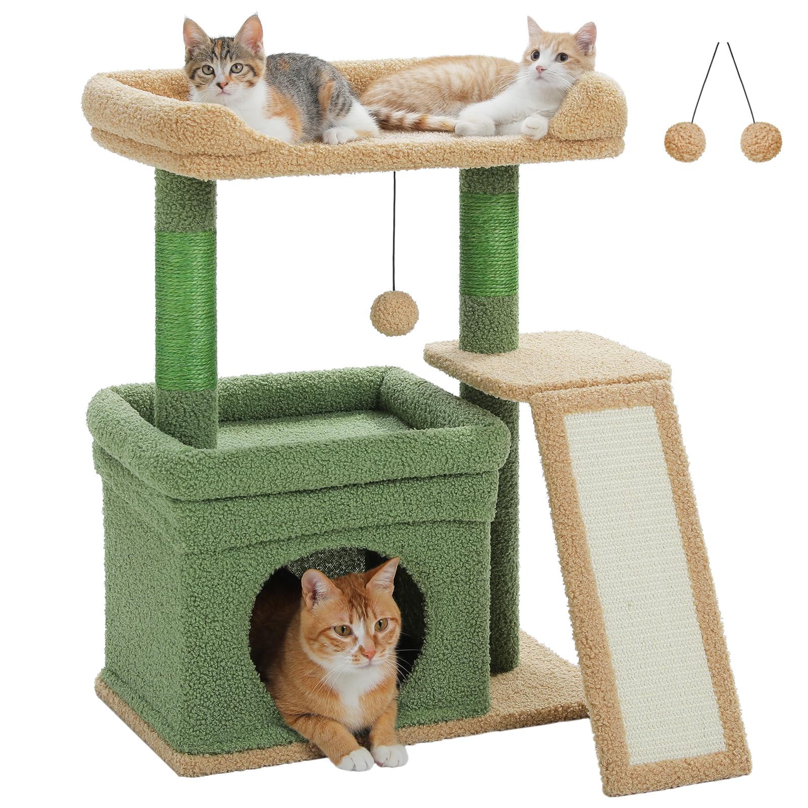 PETEPELA Kleiner Kratzbaum für große ausgewachsene Katzen mit breiter oberer Liegefläche, privater Katzenhöhle und Sisal-Kratzsäule，Kratzpad für Wohnungskatzen (grün)