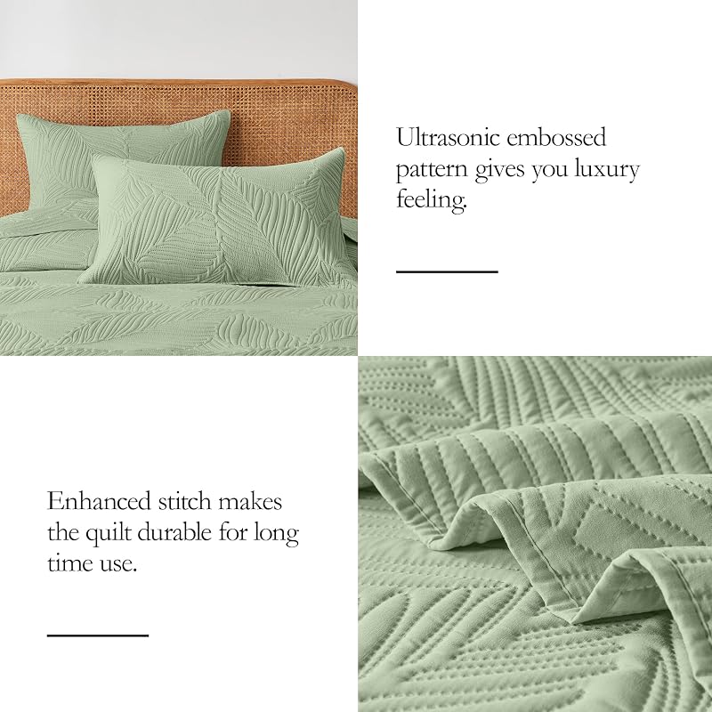 OARAGE King Quilt Bedding Set Lightweight Soft Sage Green Bedspread Coverlet with Leaf Pattern,Ultrasonic Microfiber Bed Cover Set for All Season 3 Pieces (1 Quilt, 2 Shams) image 5
