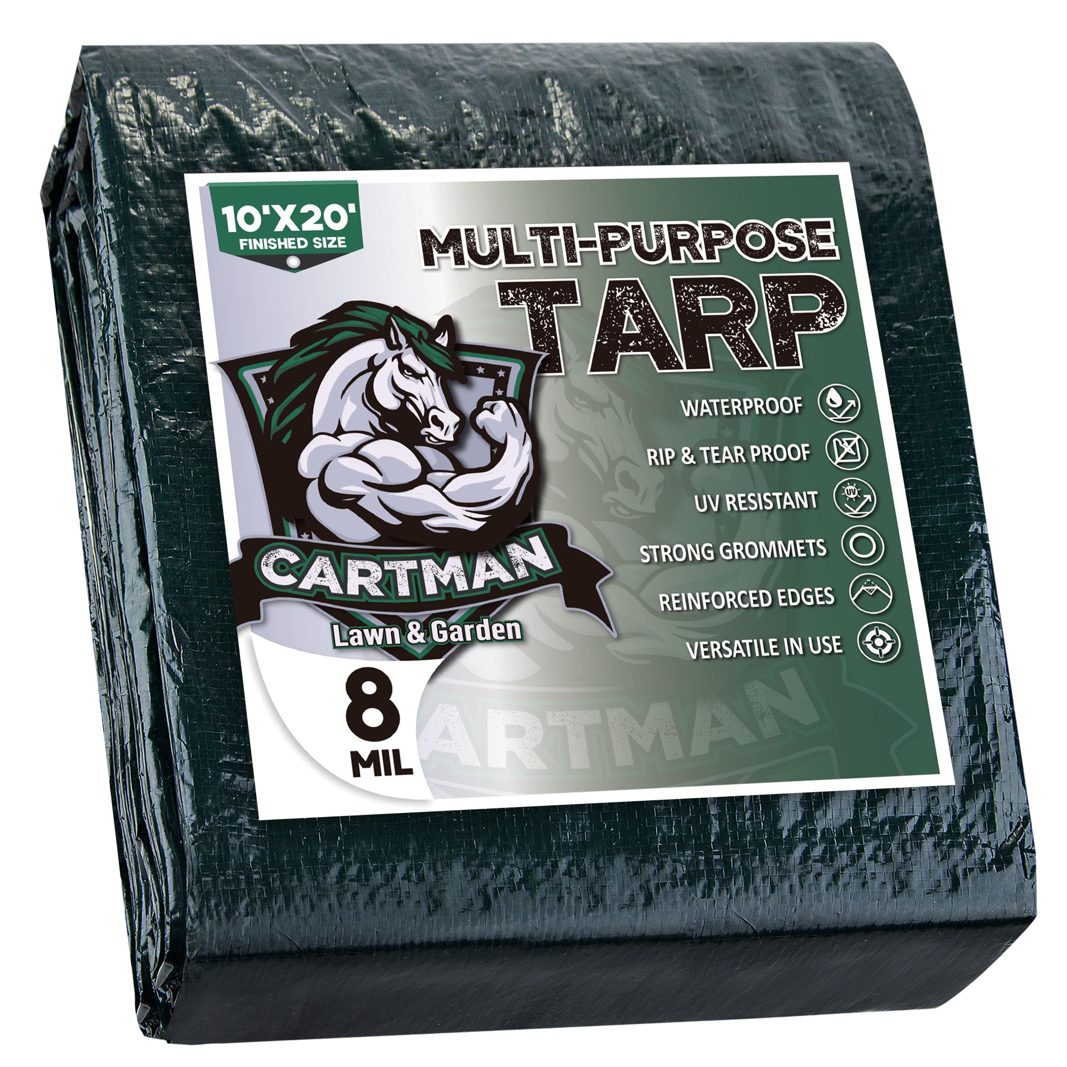 CARTMAN 10x20Ft Multipurpose Waterproof Poly Tarp Cover 8 Mil, Green | Reinforced edges, metal grommets every 36in, 10x10 weave, fits camping, emergency shelter, outdoor gear & cargo protection