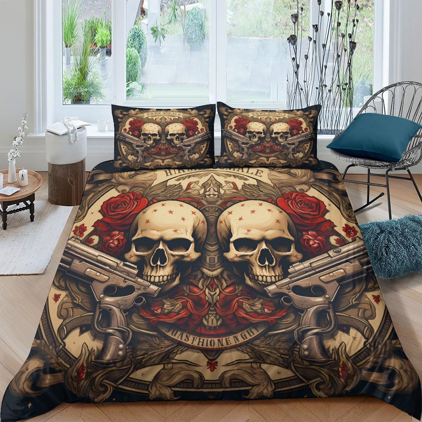 Ctjqhvkz Style-8 3D Printed Vintage Skull Roses Fitted Sheet Microfiber Soft Gothic Tattoo Bed Cover For Home Bedroom Dorm Decor Single（135X200cm）