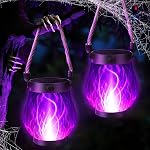 iBaycon 2 Pack Gen2 Solar Lantern Lights USB Ultra-Real Flame, Warm White | Solar Garden Lights with Dual Charging USB & Solar, 2 Modes Outdoor Waterproof Hanging Lantern for Patio Yard Home