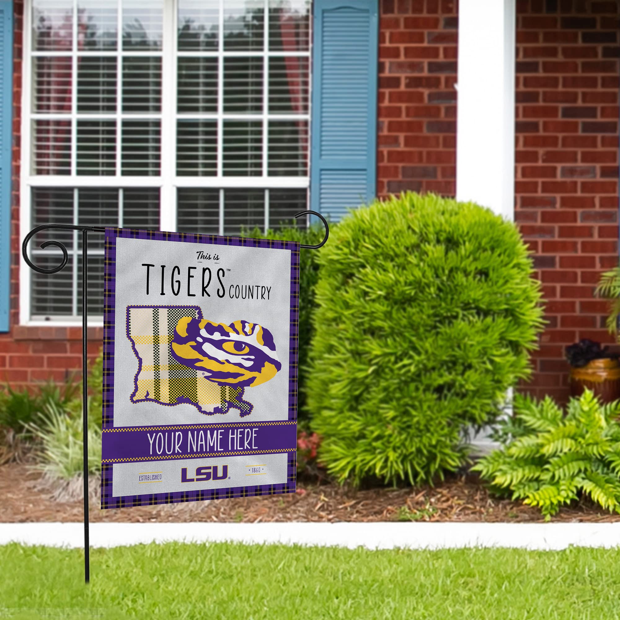 Rico Industries NCAA LSU Tigers This is Tigers Country - Plaid Design Personalized Garden Flag