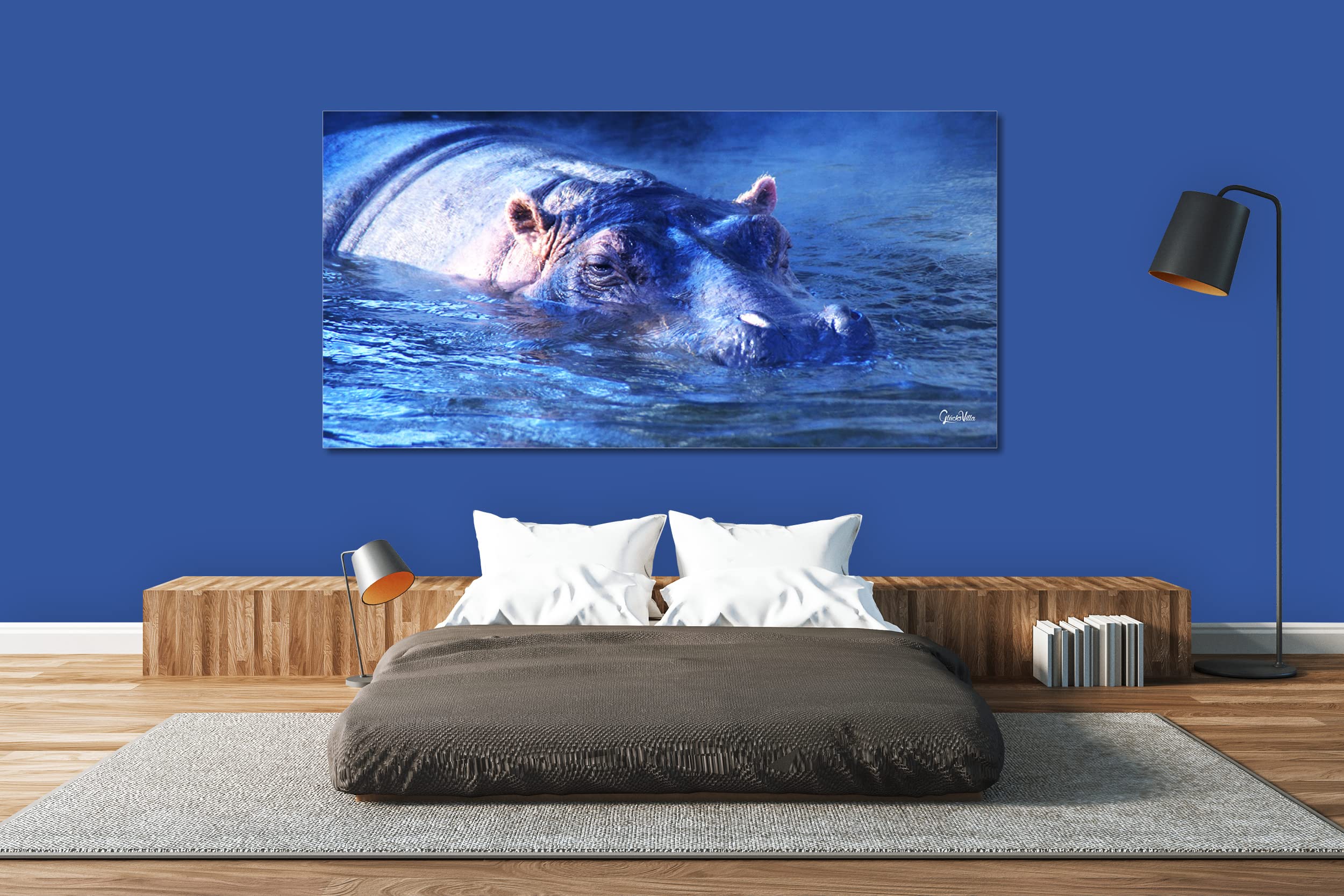 Glücksvilla - Nilpferd 2 (Leinwand-Bild 2 cm, 200 x 100 cm) | div. Maße - aus DE - Kunstdruck Deko Wandbild quer - Wildnis Afrika Natur Tier Hippo
