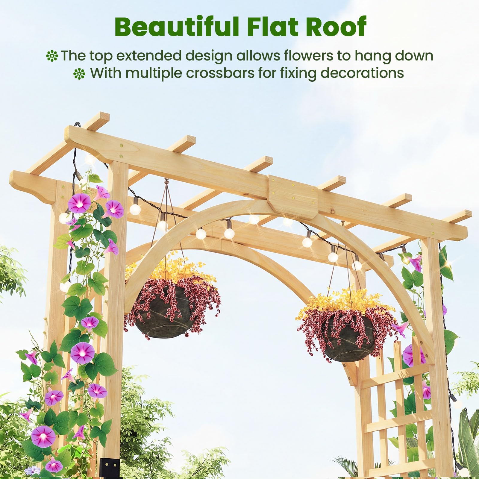 FANTASK Gartenbogen Holz, 160 x 60 x 213 cm, Rosenbogen mit Dach für Kletterpflanzen & hängende Körbe, Rankbogen Tannenholz, Rankgitter für Garten, Hochzeit, Party (Natur)