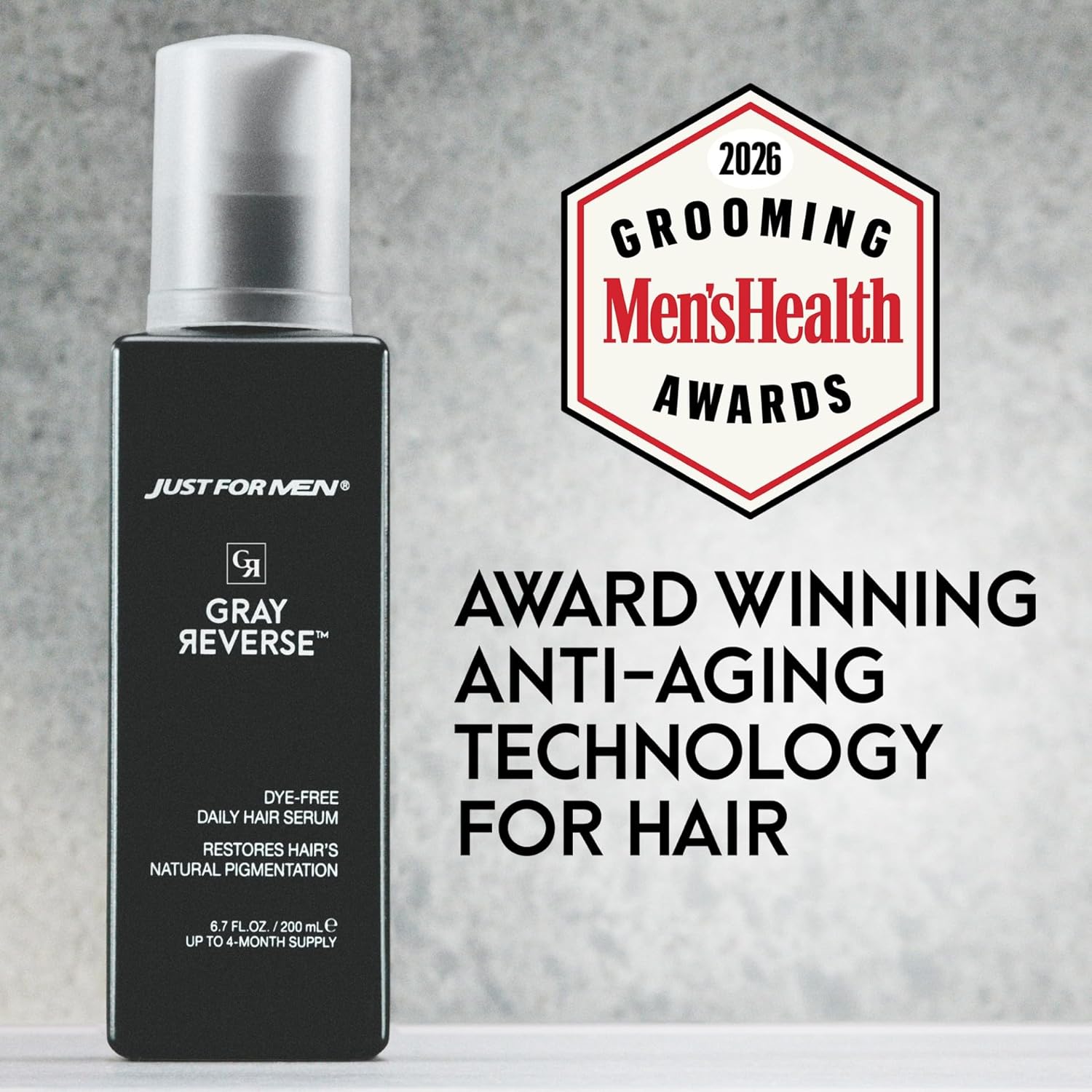 Just for Men Gray Reverse Daily Hair Serum, Gradually Reduces Gray Hair, Easy Dye-Free Serum, 6.7oz