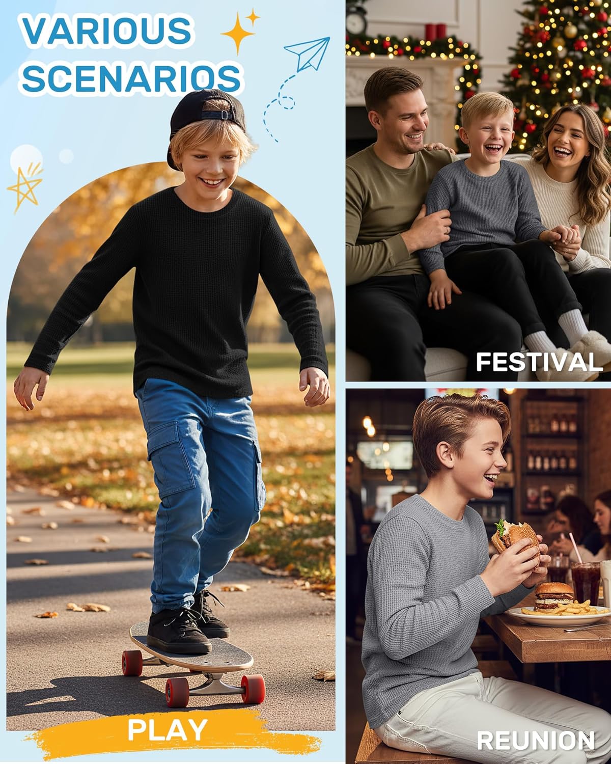 4 Pack Boys Long Sleeve Shirts Crewneck Kids Waffle Knit T Shirts Toddler Boy Thermal Casual Tops Tees 5-14 Years - Image 2