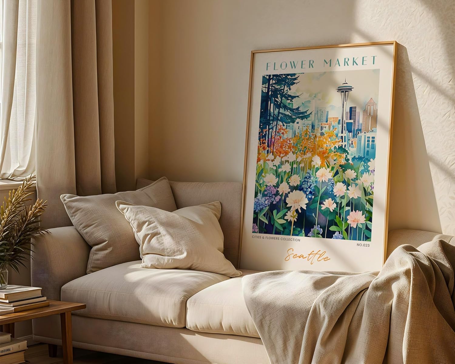 GroovyGrove Seattle Washington Flower Market Poster, Abstract Watercolor Cityscape Travel Wall Art Print Decor for Home Office, Bedroom, Living Room (Unframed)