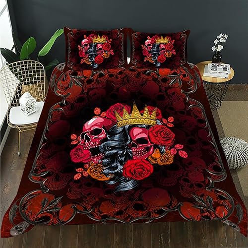 AILONEN Juego de funda de edredón de calavera de azúcar, tamaño Queen, juego de funda de edredón de calavera dulce y rosa roja, juego de ropa de