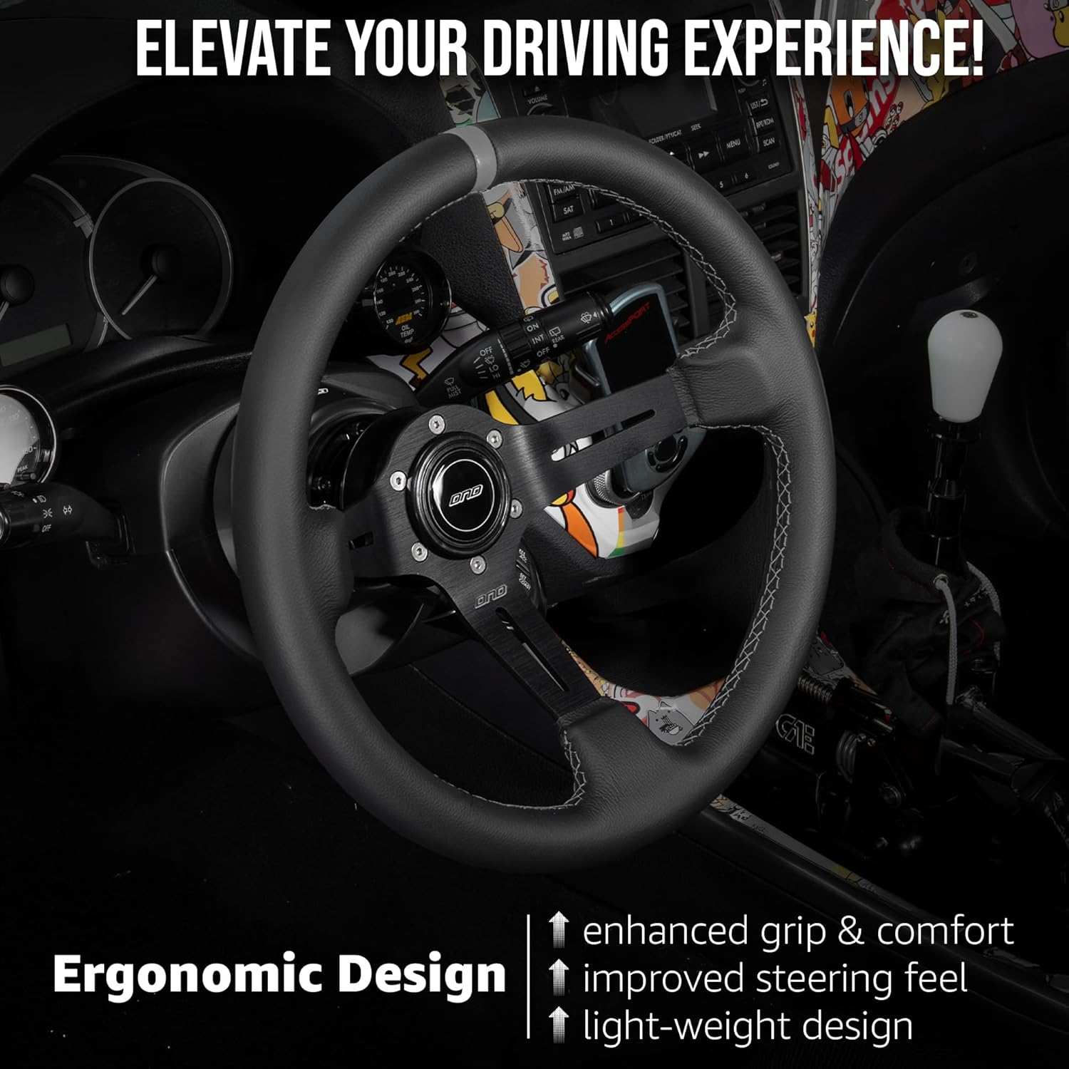 DND Performance Interior's Leather Race Steering Wheel / 350mm Diameter and 75mm Depth / 6x70mm Bolt Pattern/DND Leather Steering Wheel with Horn Button Included (Colored Stitching) (Gray)