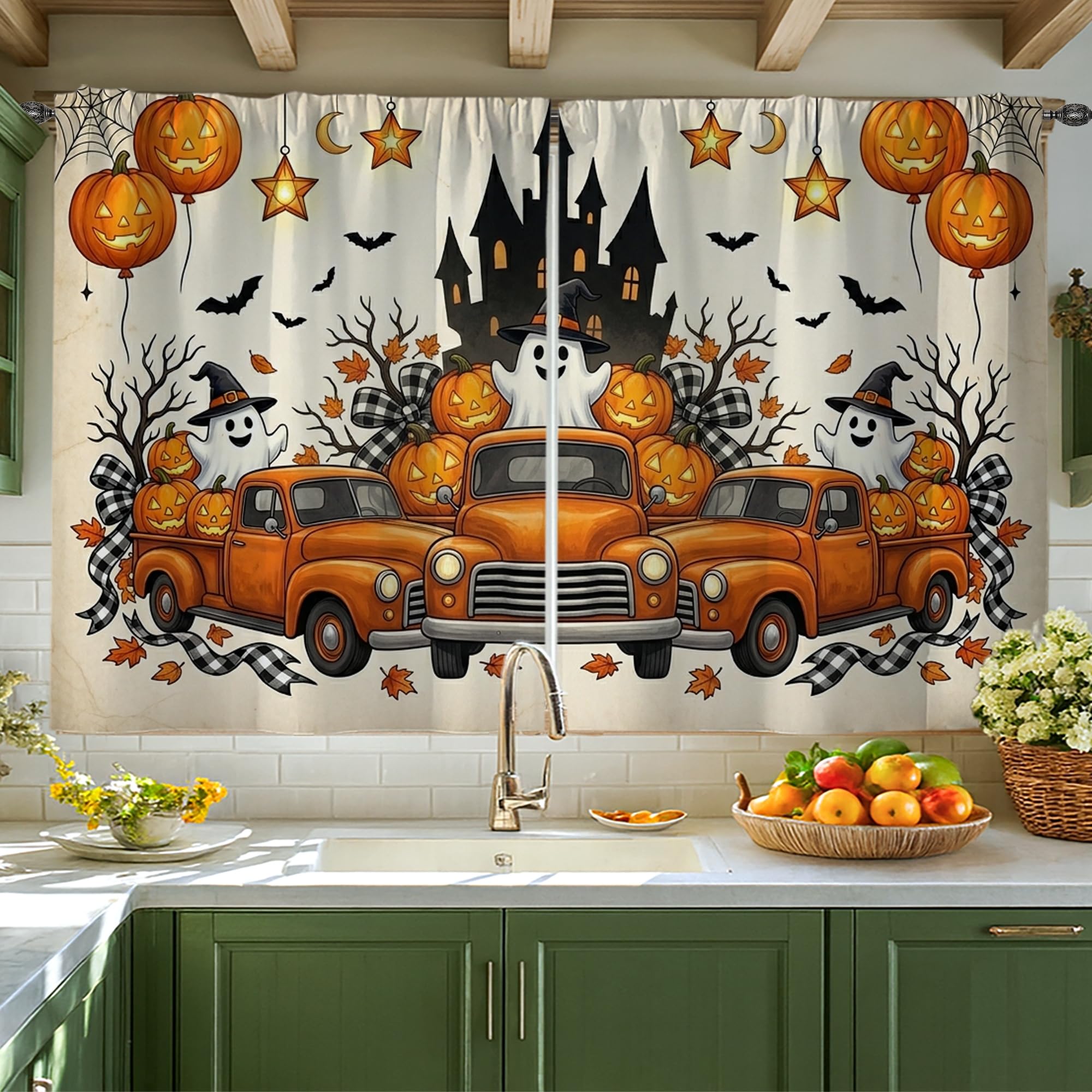 Rideaux de cuisine motif citrouilles et fantômes d'Halloween pour fenêtre d'évier