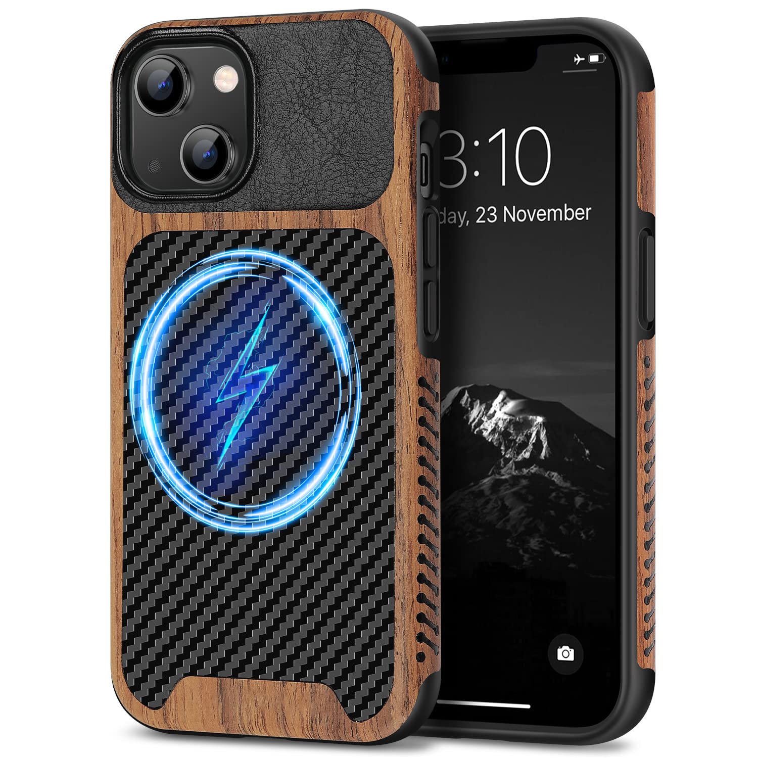 - TENDLIN Magnetic Case Compatible with iPhone 14 Case Wood Grain with Carbon Fiber Texture Design Leather Hybrid Slim Cover (Compatible with MagSafe) Black