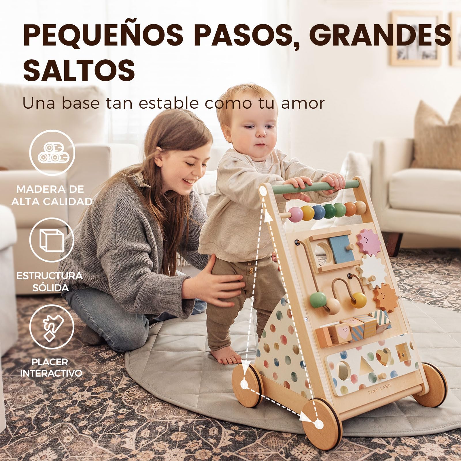 Tiny Land Andador de madera, juego de andador para bebé, andador con velocidad ajustable para niños y niñas, andador y centro de actividades para bebés