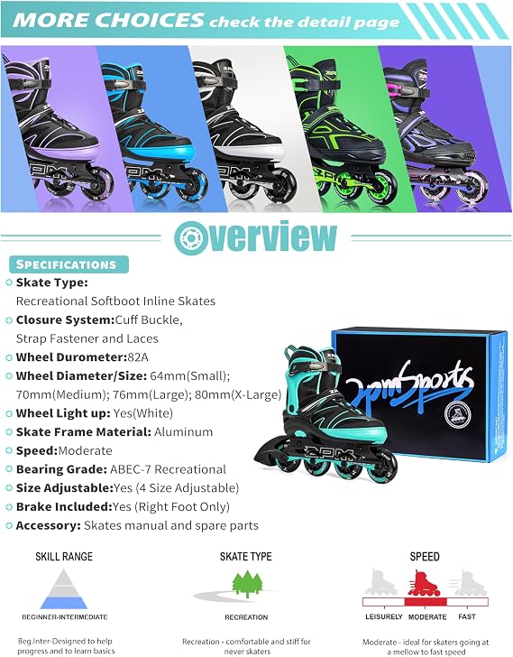 2PM SPORTS Kids Adjustable Inline Skates Ages 4-12, Youth Inline Skates for Girls Boys 5-8 8-12 with Full Light Up Wheels, Beginner Women Adult Skates