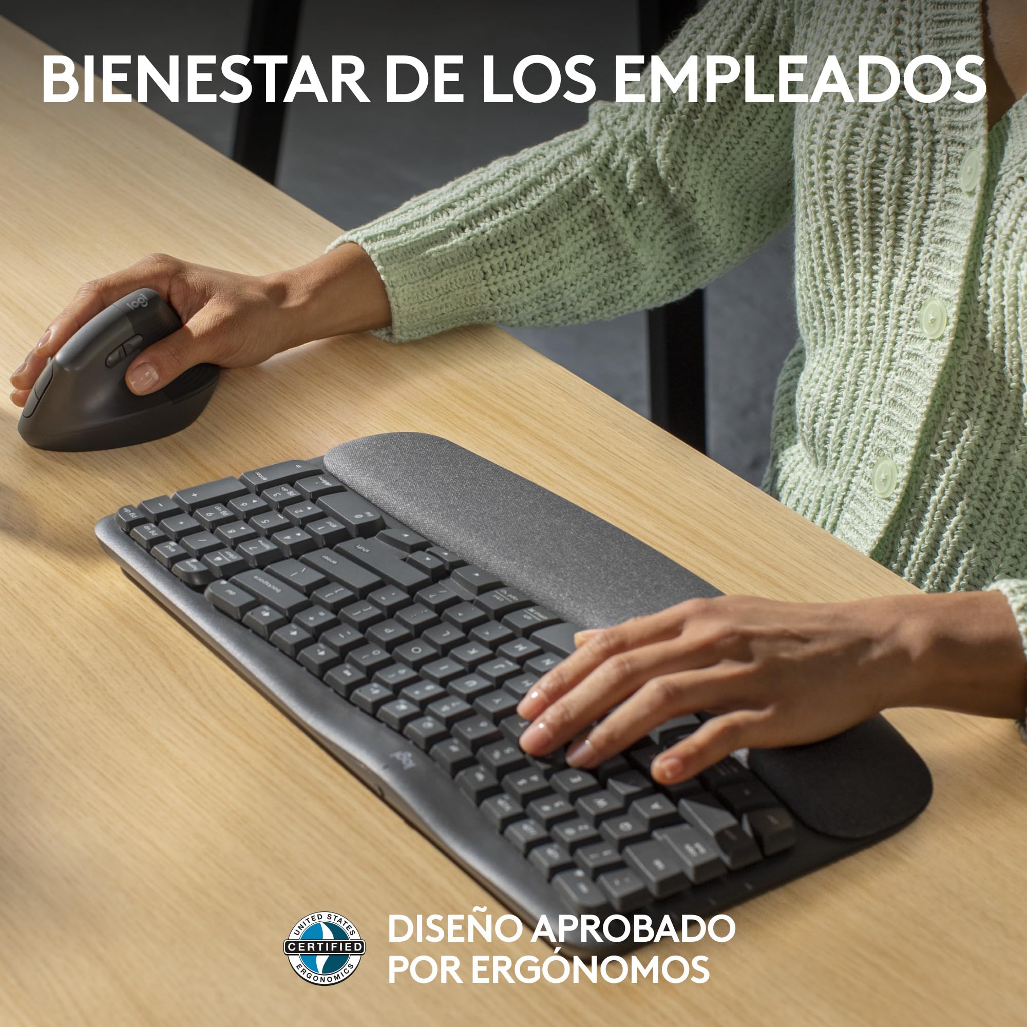 Logitech Wave Keys for Business, teclado ergonómico inalámbrico con reposamanos acolchado, tecnología Logi Bolt segura, Bluetooth, compatible, Windows/Mac/Chrome/Linux, Disposición QWERTY ESP, Grafito