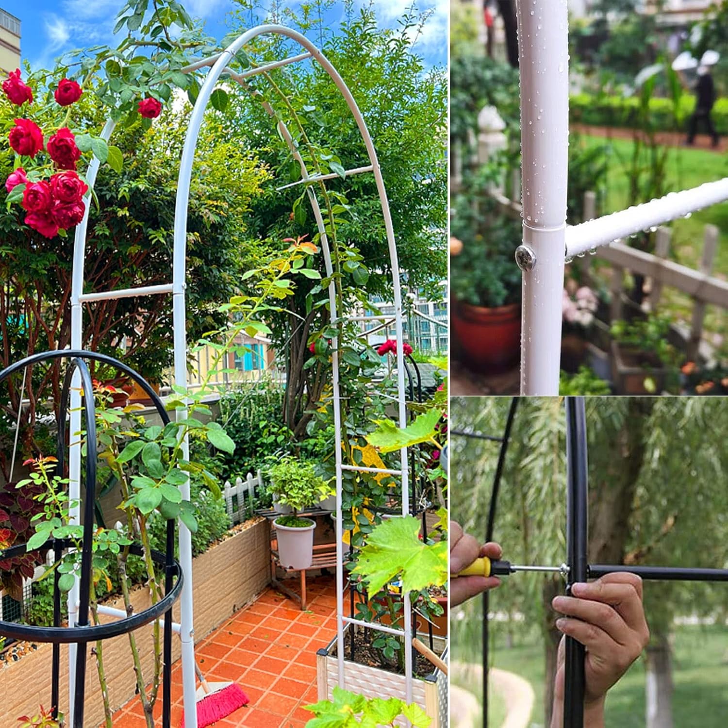 Garden Arch Metal Rose Arch, with Base Arches Trellis, White/Black Steel Garden Pergola Arbor Archway for Climbing Plants Outdoor, Wedding Decor (Color : Black, Size : 300x220x25cm)