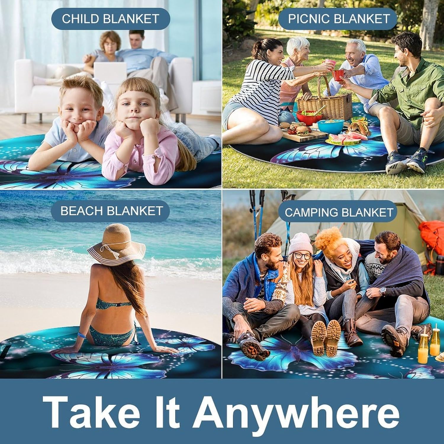 Beautiful Butterfly Picnic Blanket Foldable Outdoor Round Blankets Lightweight Beach Mats Portable Waterproof Park Sand Free Mat for Camping Hiking Sports Activities