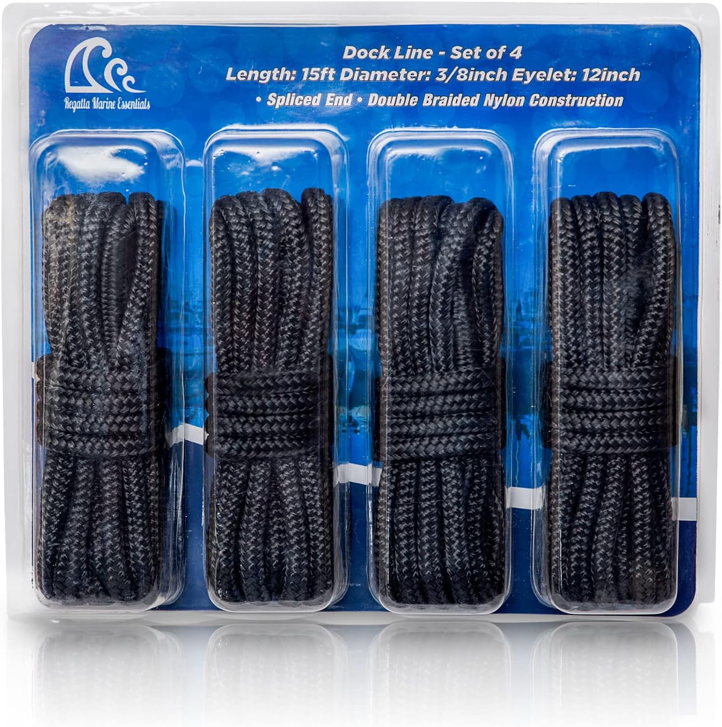 Double-Braided Nylon Dock Line from Regatta Marine Essentials (Black, L: 15 ft. D: 3/8 inch Eyelet: 12 inch, 4 Count)