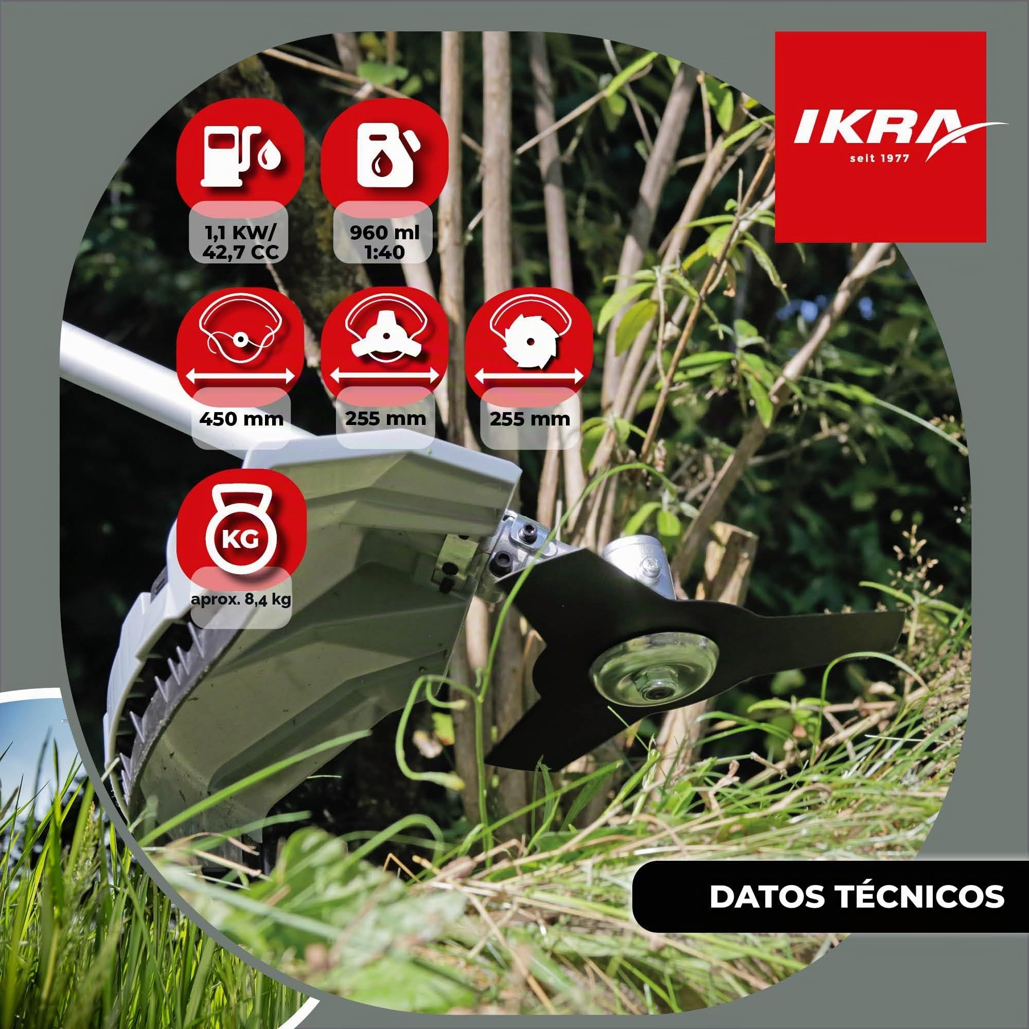 IKRA desbrozadora a Gasolina IBF 43 con útiles Accesorios, 42,7 cm³, 1,1 kW | Incluye cuchillas de 3 y 8 dientes, 2 bobinas y correa para el hombro, motor de 2 tiempos, sistema de arranque fácil