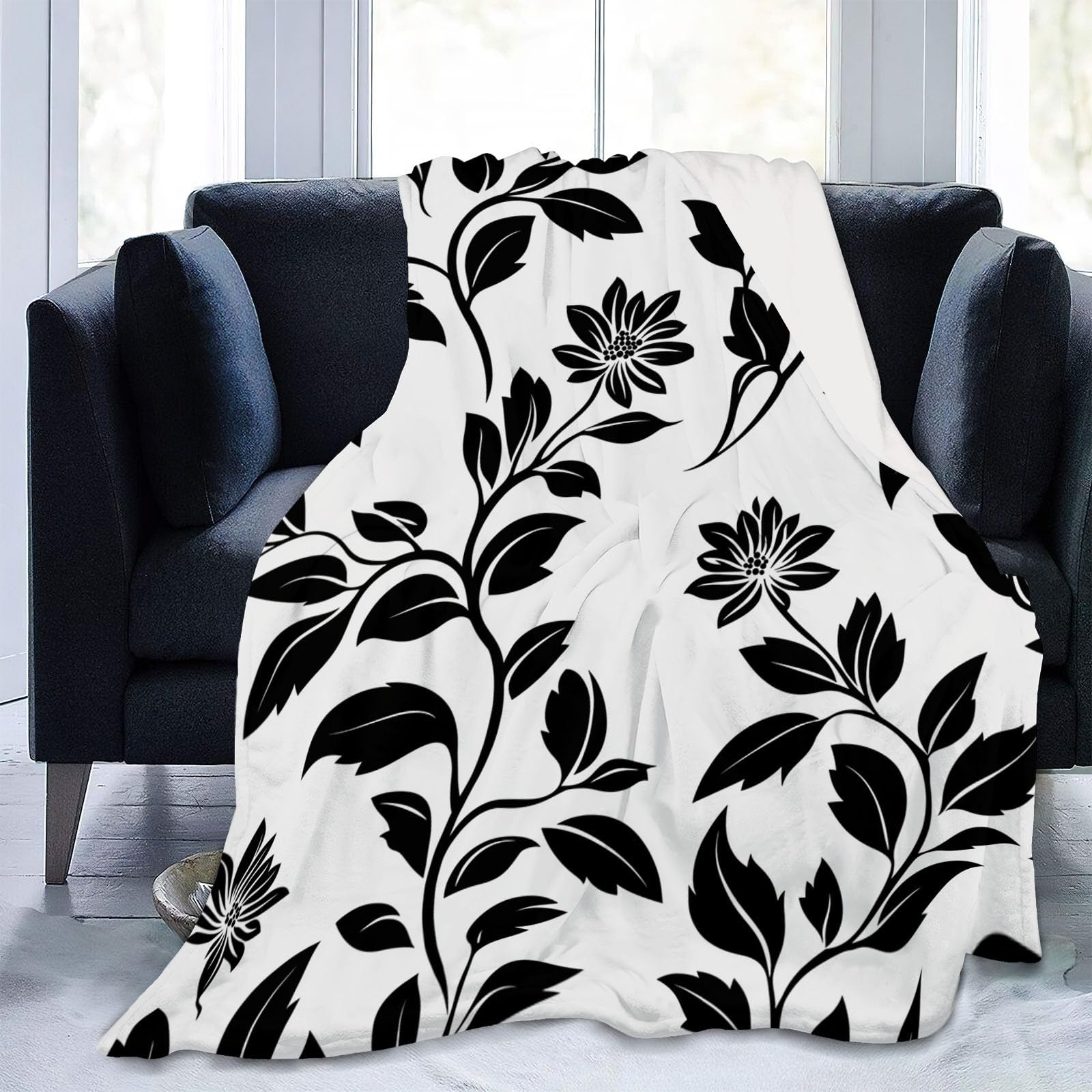Koc polarowy 220 x 240 cm Pojedynczy koc w linie kwiaty 3D nadruk w kratę Czarny koc z mikrofibry Sherpa, miękki i wygodny gruby koc flanelowy