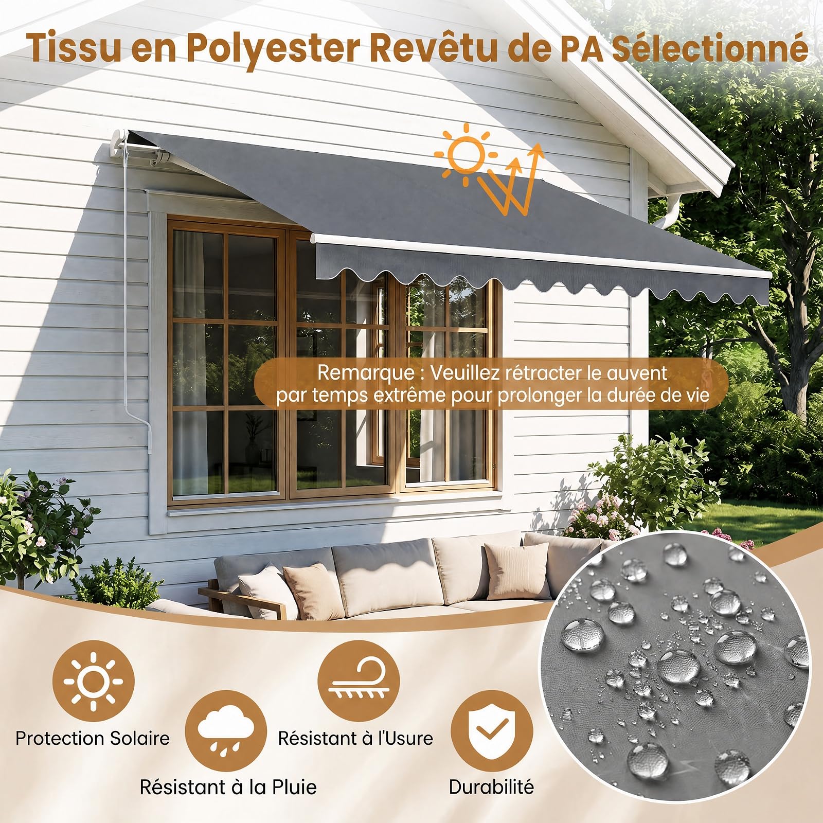 COSTWAY Store Banne de Manuel Rétractable de 4 x 2,5M Angle Réglable 5-35°, Auvent de Terrasse avec Tissu Résistant aux UV et à l'eau Cadre en Aluminium, pour Jardin Terrasse (Gris)