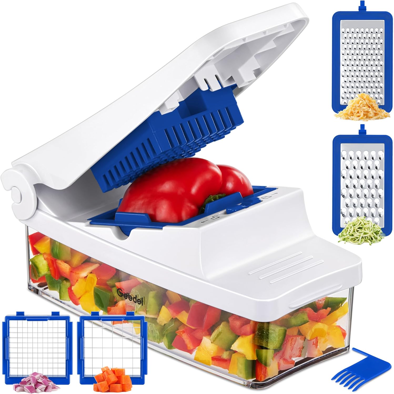 Geedel Vegetable Cutter, Onion Cutter Pro Food Chopper, Kitchen Vegetable Slicer Dicer Cutter Grater, Veggie Chopper with container for Salad Onion Potato Carrot (4 in 1, Blue) Geedel Vegetable Cutter, Onion Cutter Pro Food Chopper, Kitchen Vegetable Slicer Dicer Cutter Grater, Veggie Chopper with container for Salad Onion Potato Carrot (4 in 1, Blue)
