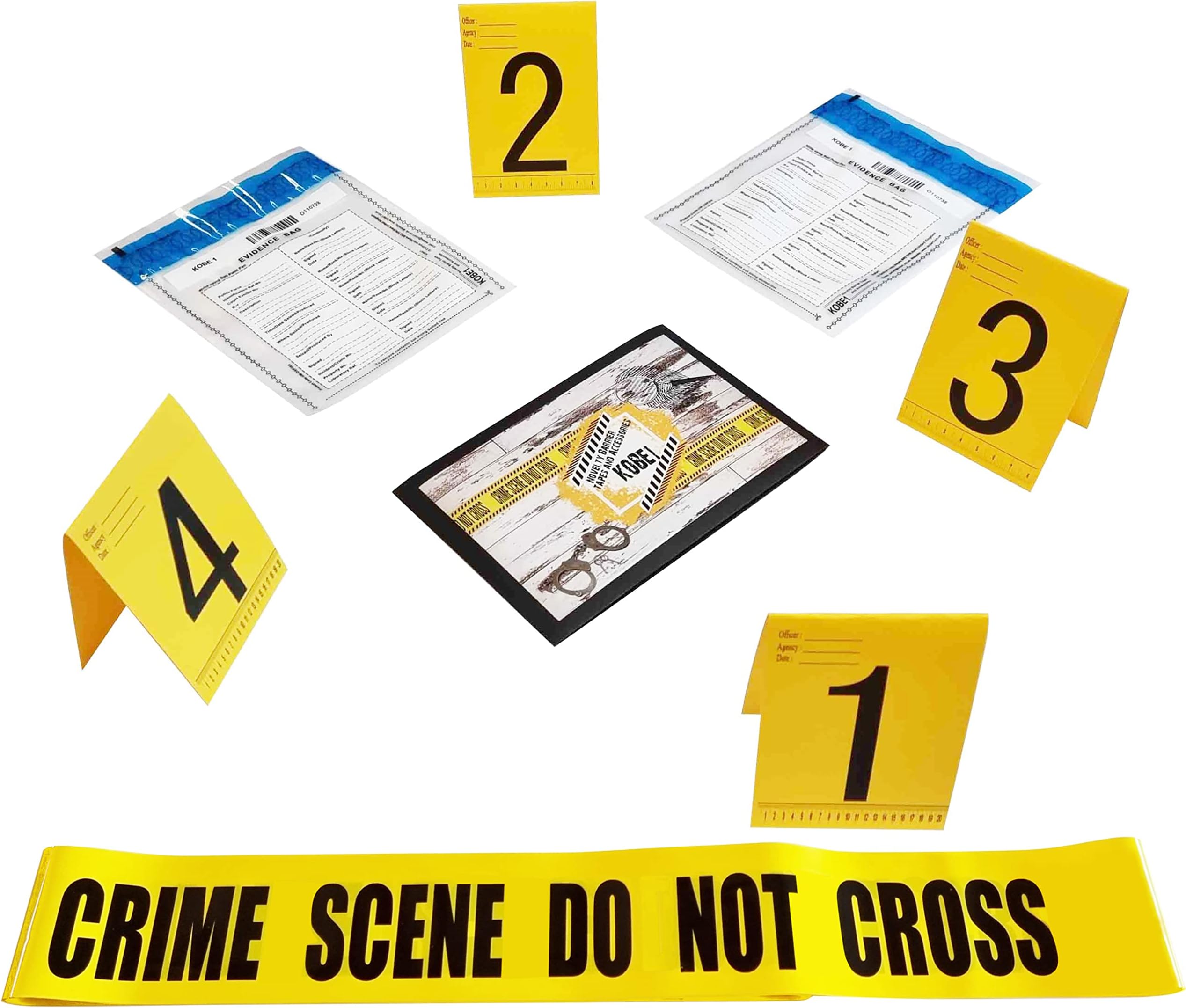 Kobe1 Crime Scene Barrier Tape,Do Not Cross (20'),Evidence Collection Bags (16.9” x 9.8”) (x2),Photo Evidence Markers, Frames(Cards:1 to 4),(5.9” x 4.1”) Folded.
