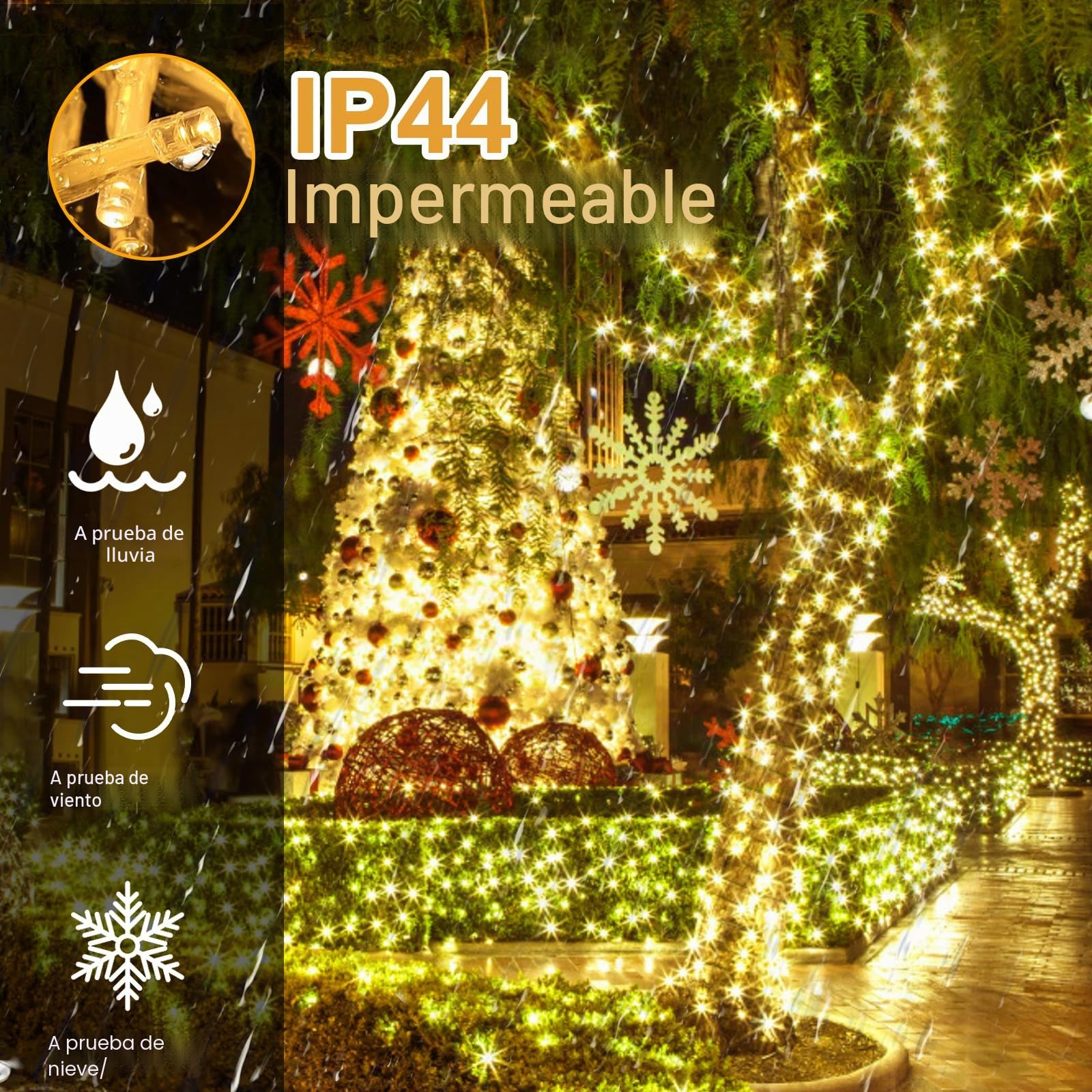 Quntis Luces Navidad Exterior 100M 1000LEDs, Blanco Cálido Luces Arbol Navidad Interior con 8 Modos Impermeable IP44 y Función Memoria, Cadena Luz Decoración para Fiestas Jardín Balcón Boda