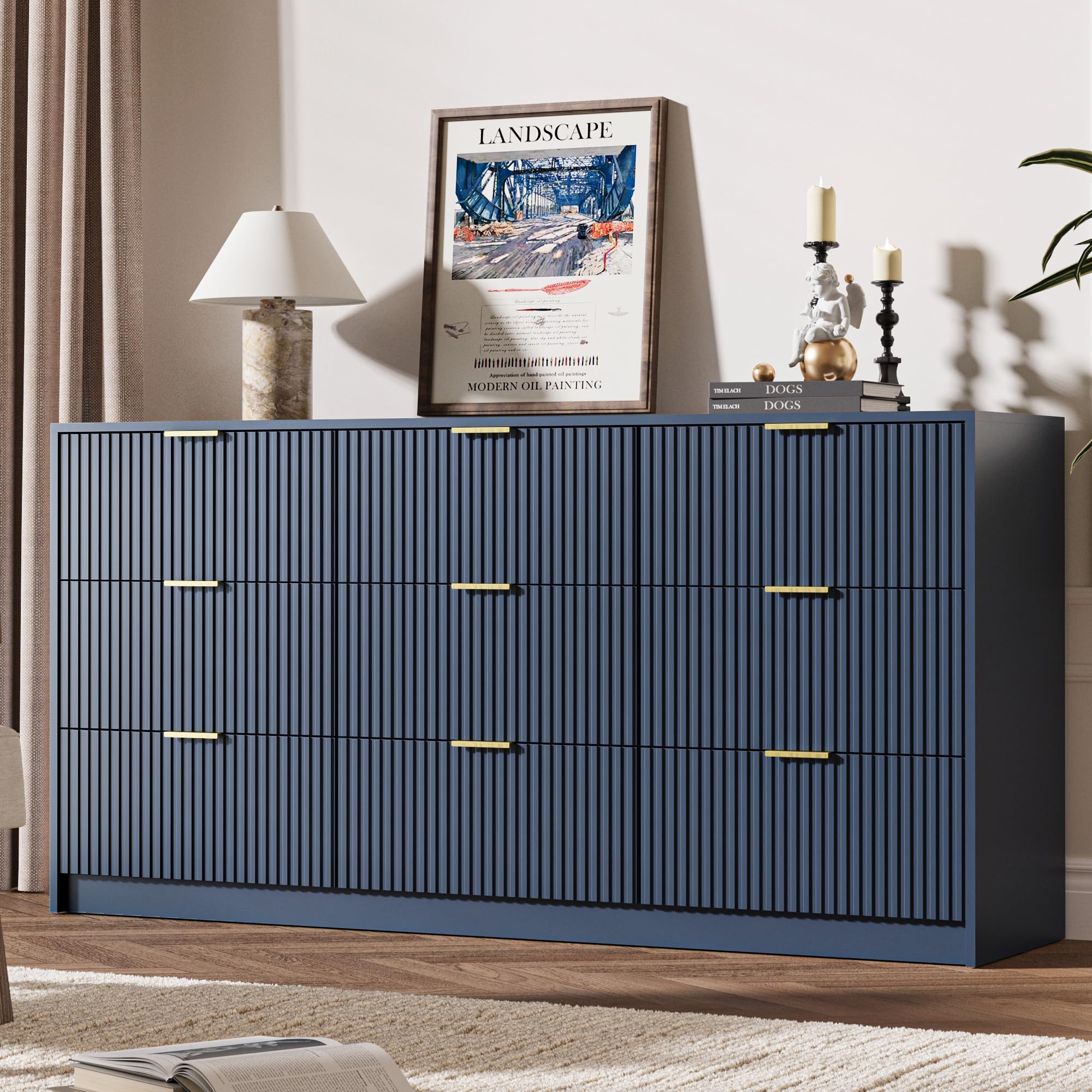 MAISONARIA Navy 9 Drawer Dresser for Bedroom, 63" Wide Modern Fluted Dresser with Gold Metal Handles, Chest of Drawers for Bedroom, Living Room,