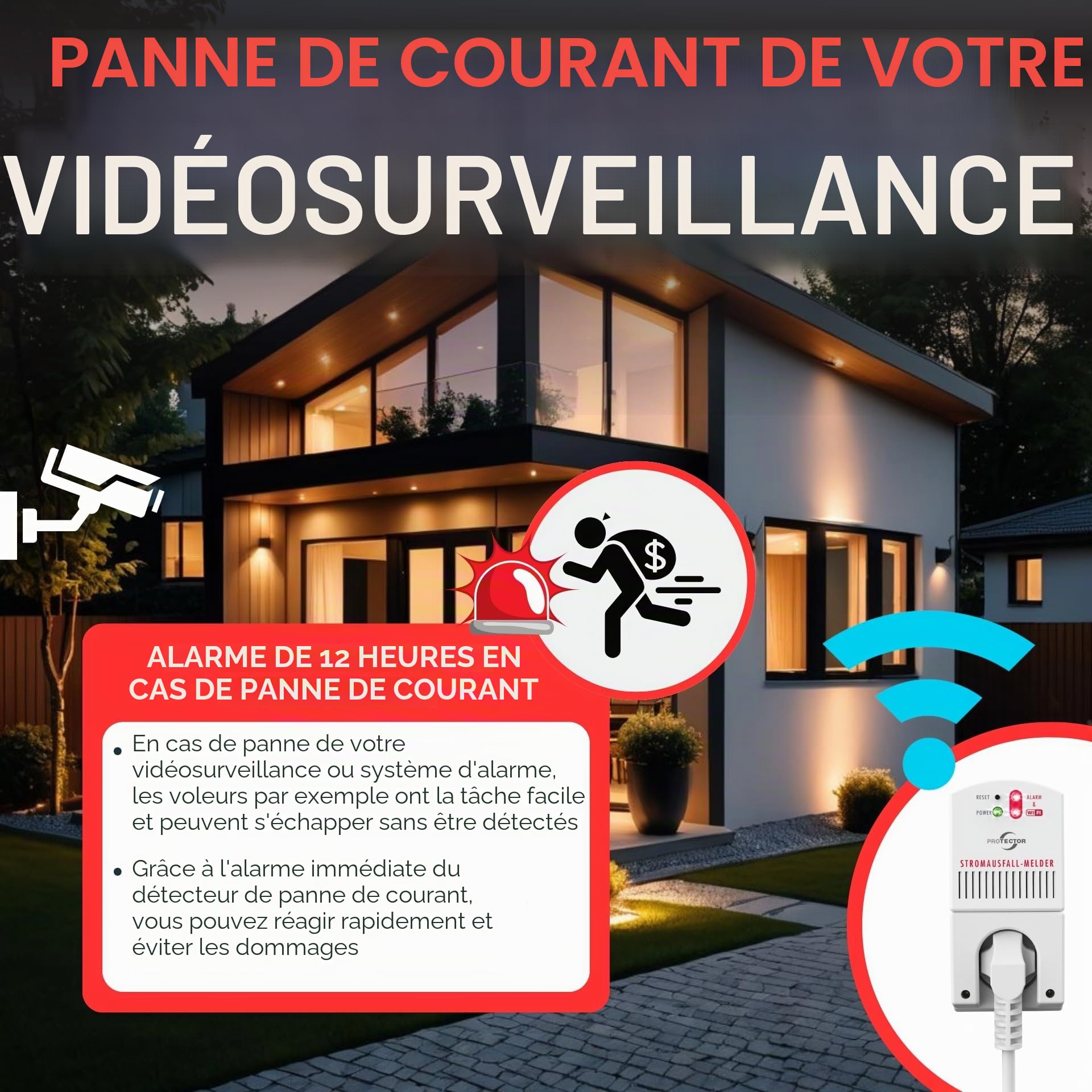 [Nouveau] Protector SAM-1010 - Détecteur de panne de courant, 3500 W avec WiFi et application, tampon d'urgence pendant 12 heures, alarme de courant pour coupure de courant, idéal pour