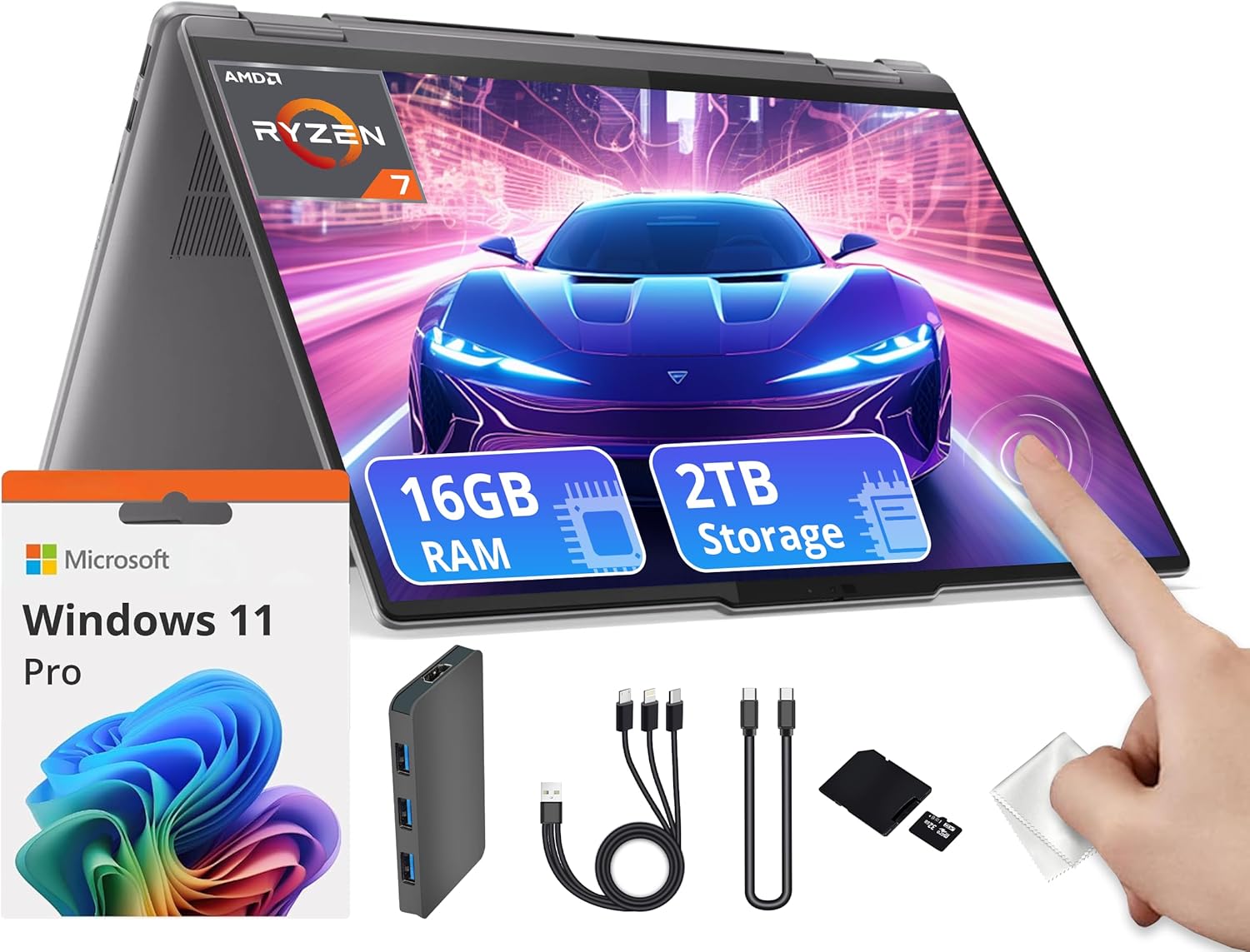Lenovo Yoga 7 2-in-1 16" WUXGA Touchscreen Laptop, AMD Ryzen 7 8840HS, 16GB LPDDR5X, 2TB Storage (1TB PCIe SSD&1TB Docking Station Set), Backlit Keyboard, Fingerprint, Win 11 Pro, Arctic Gray