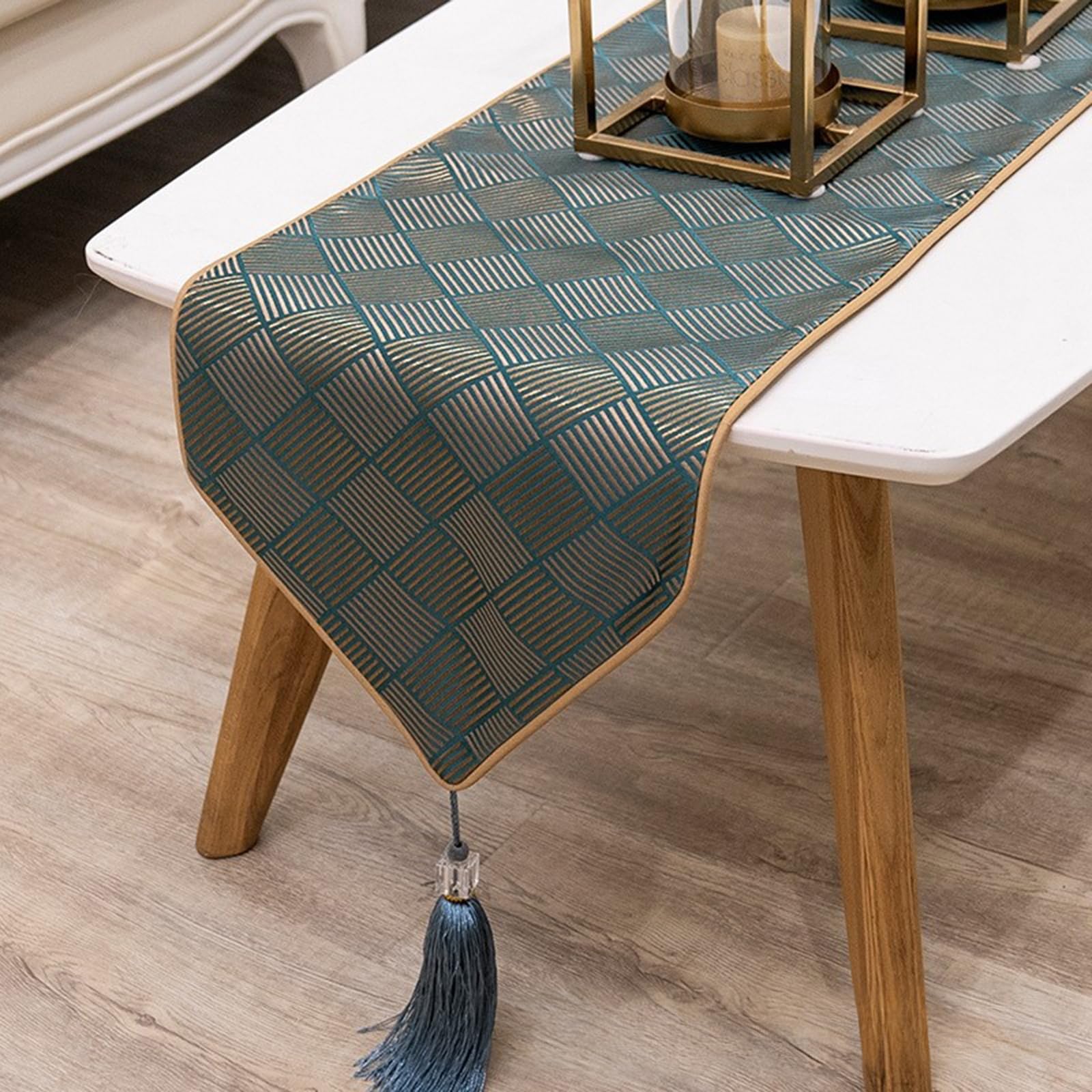 Tischläufer Landhausstil Polyester, Tischläufer Wohnzimmer 33x200 cm, Rautenstreifenmuster mit Quasten
