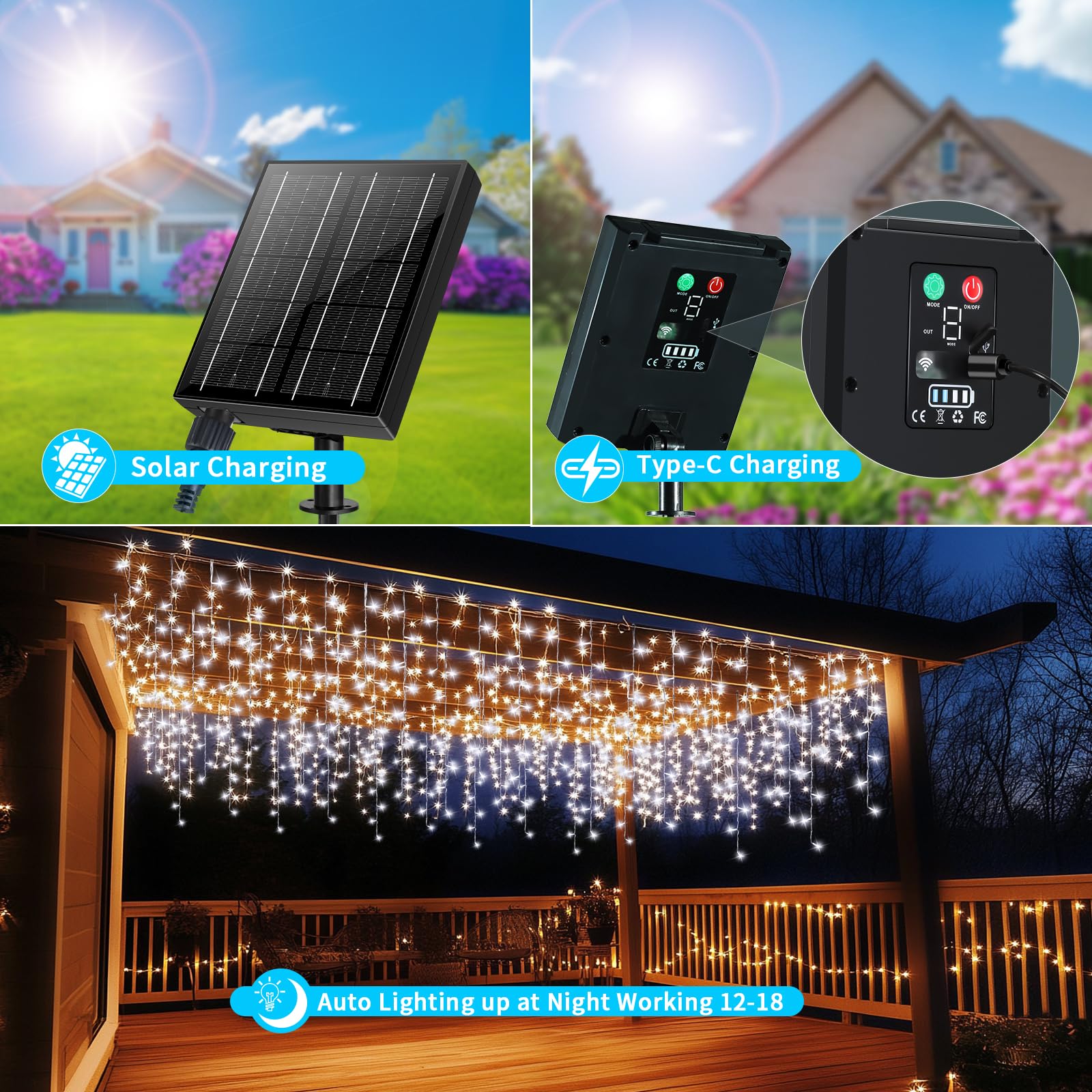 Eisregen Lichterkette Solar [15m +5m], 506LEDs Weihnachtsbeleuchtung Außen,8 Modi,Erweiterbar,101 Tropfen, Lichterkette Außen USB-Strom,IP65 Wasserdicht Mit Fernbedienung Timer [weiß]