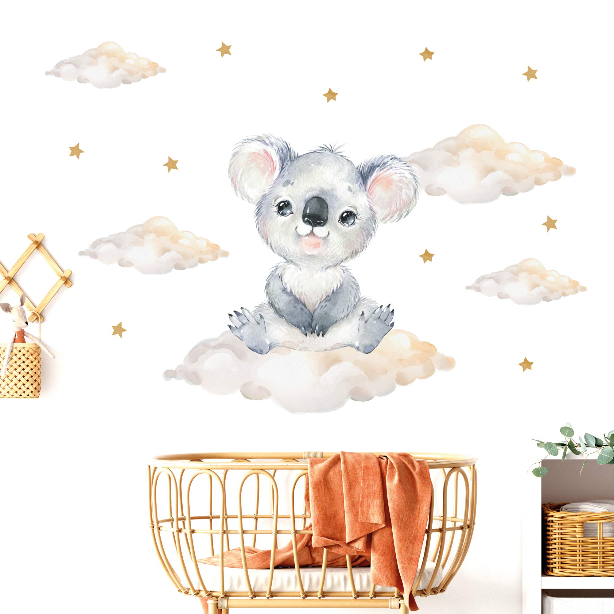 Pandawal Dekoracyjny tatuaż ścienny do pokoju dziecięcego, koala z chmurami, gwiazdy, chłopiec dziewczynki, naklejka na ścianę niemowlę safari, zwierzęta naklejki ścienne (L, Koala)