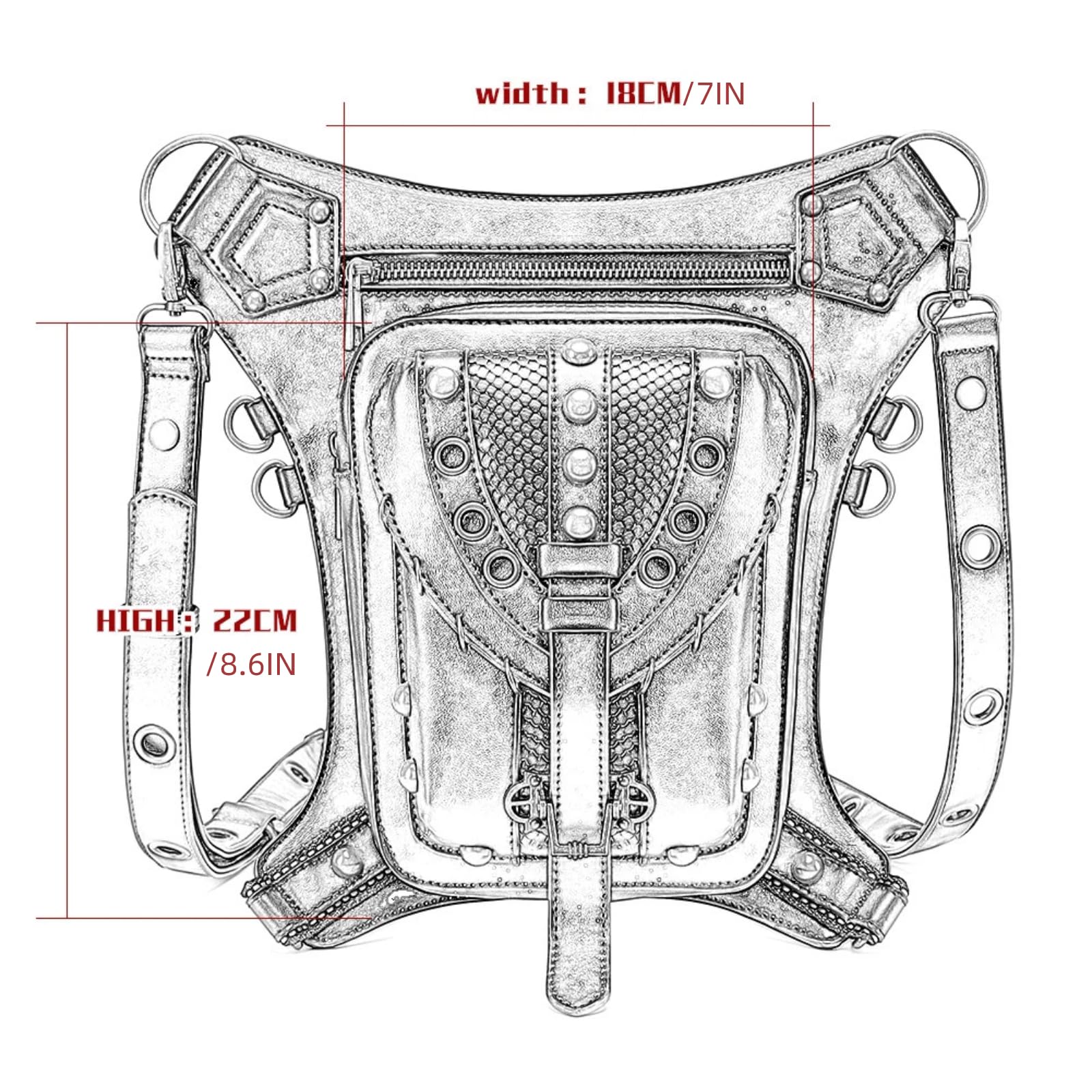 Maizoon Torba biodrowa w stylu retro z nitami pierścień opadająca noga plecak pas biodrowy torba na ramię crossbody dla mężczyzn i kobiet na zewnątrz motocykl, c, Plecak na co dzień