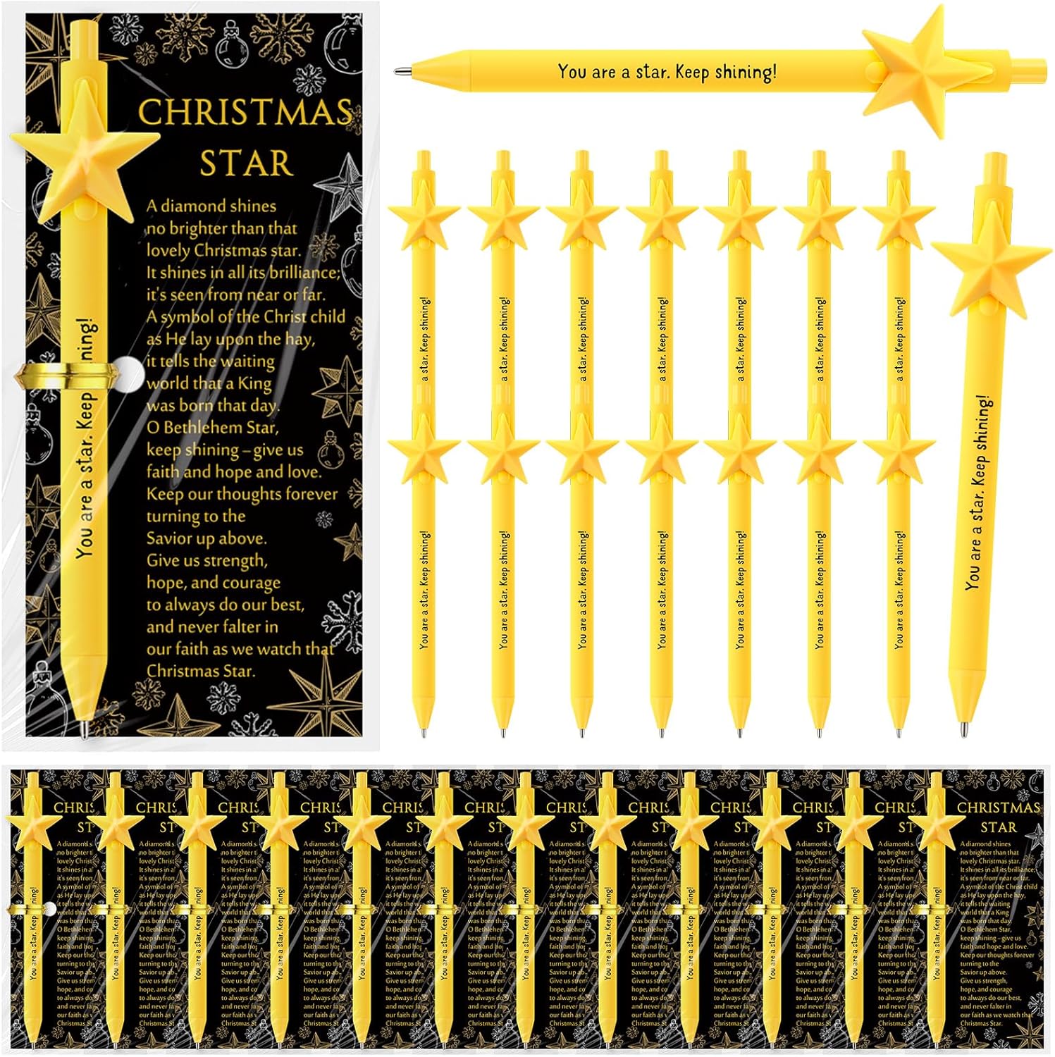 Sayglossy 50 Sets Christmas Christian Gifts Bulk You Are a Star Ballpoint Pen Inspirational Christmas Star Ballpoint Pens with Religious Cards Church Gifts for Office Coworker Staff Employee